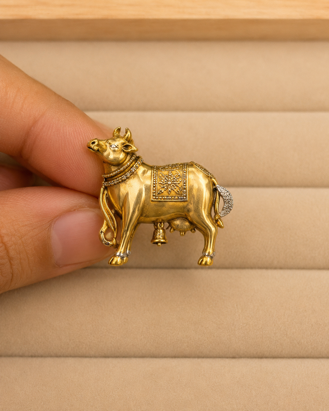Gold-Plated Nandi Cow Ring with Engraved Motif