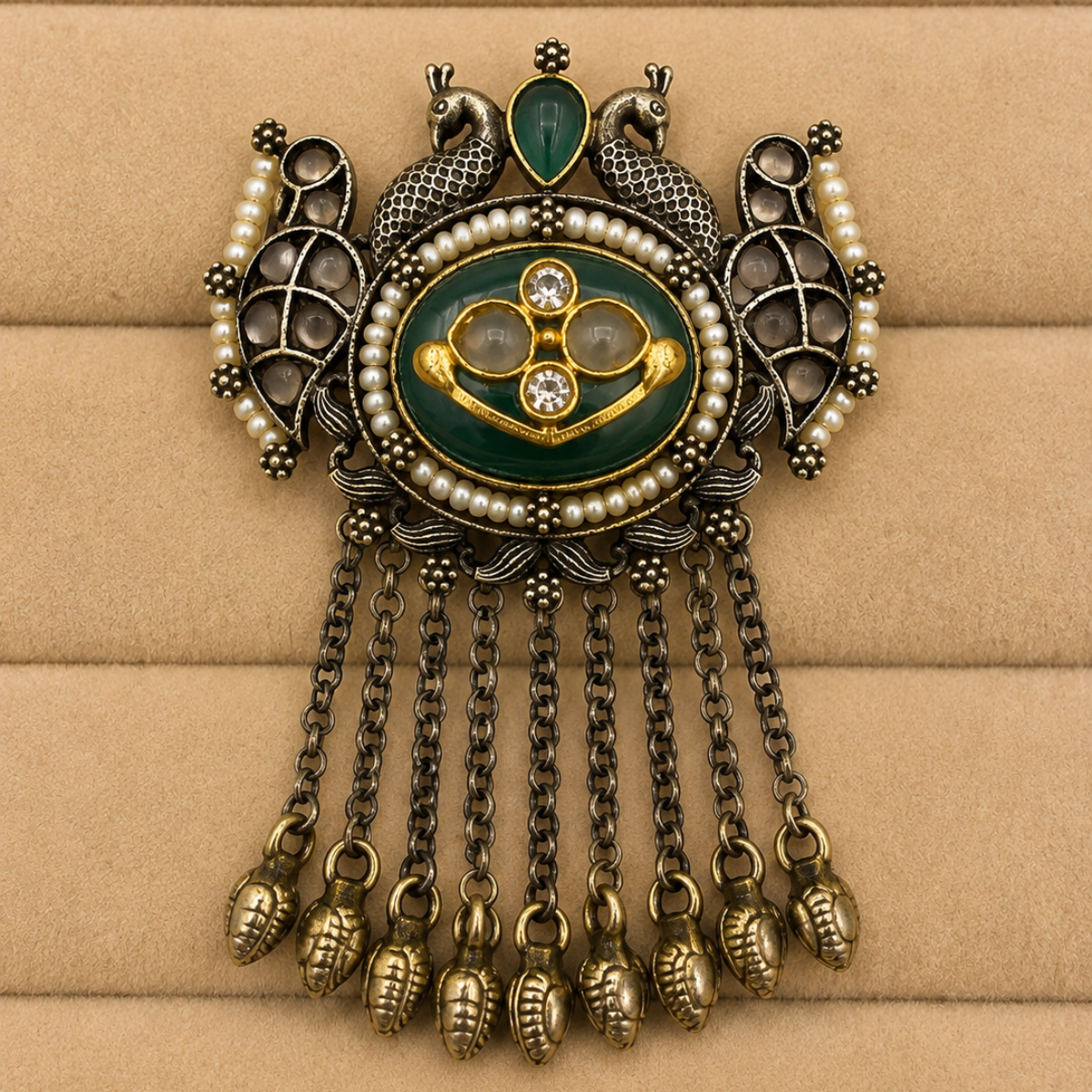 Antique Finish Ring with Green Enamel and Pearl Detailing