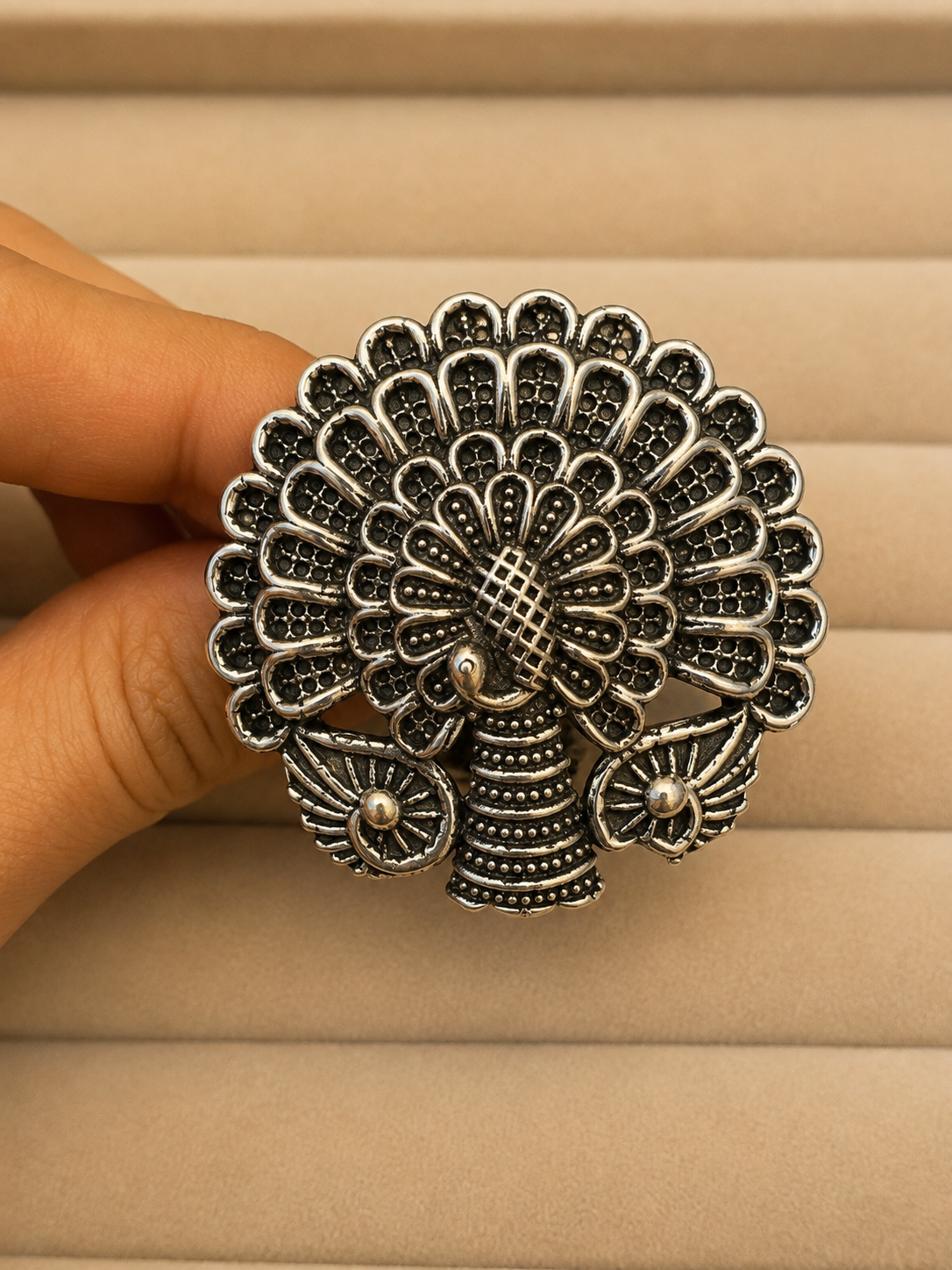 Oxidised Silver Peacock Motif Ring