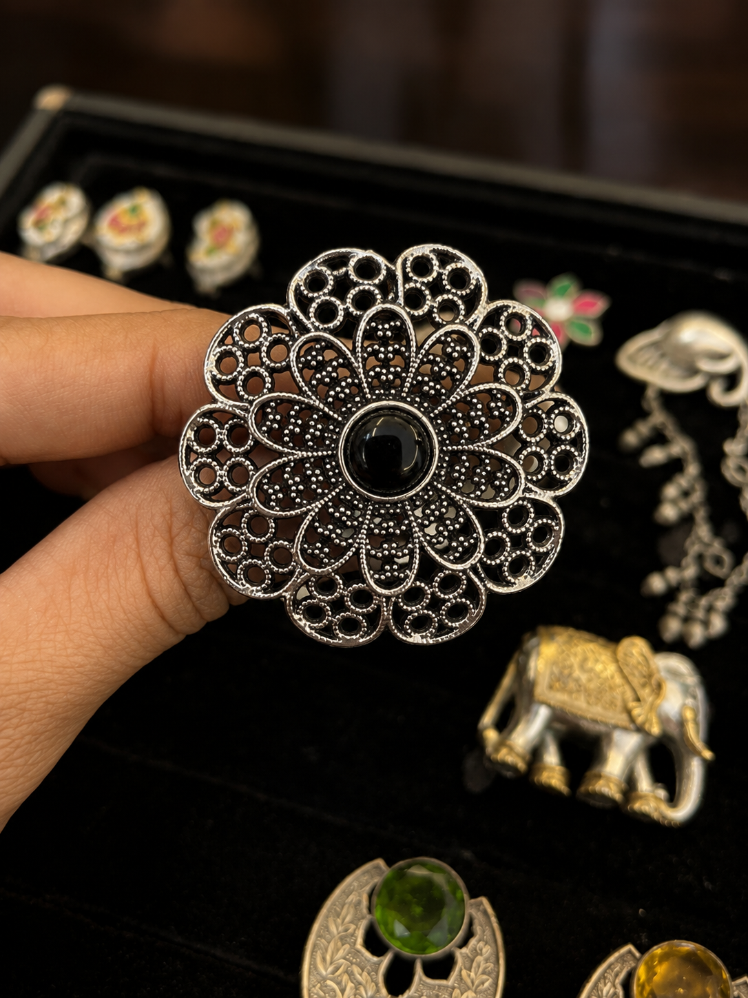 Oxidised Silver Floral Statement Ring