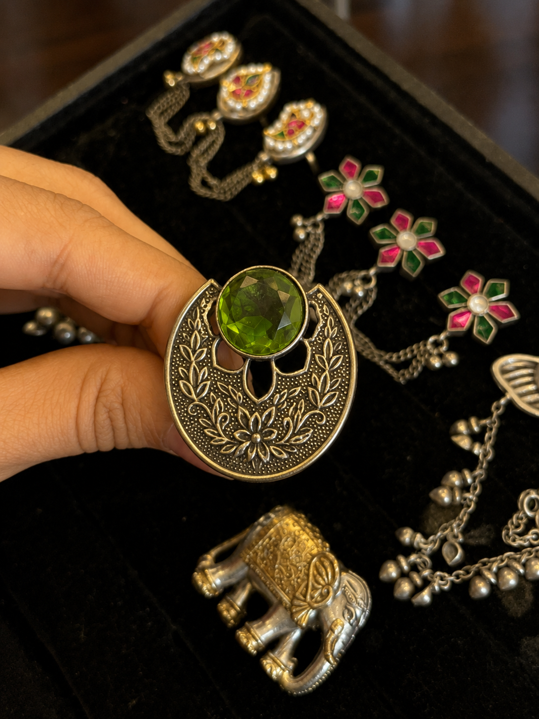 Oxidised Silver Statement Ring with Green Stone