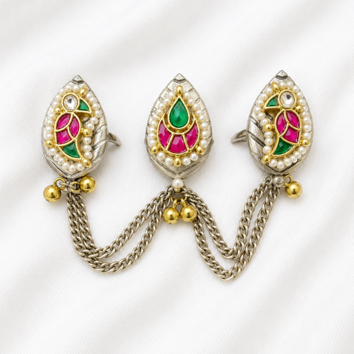 Kundan Pearl and Meenakari Silver Hathphool Ring.
