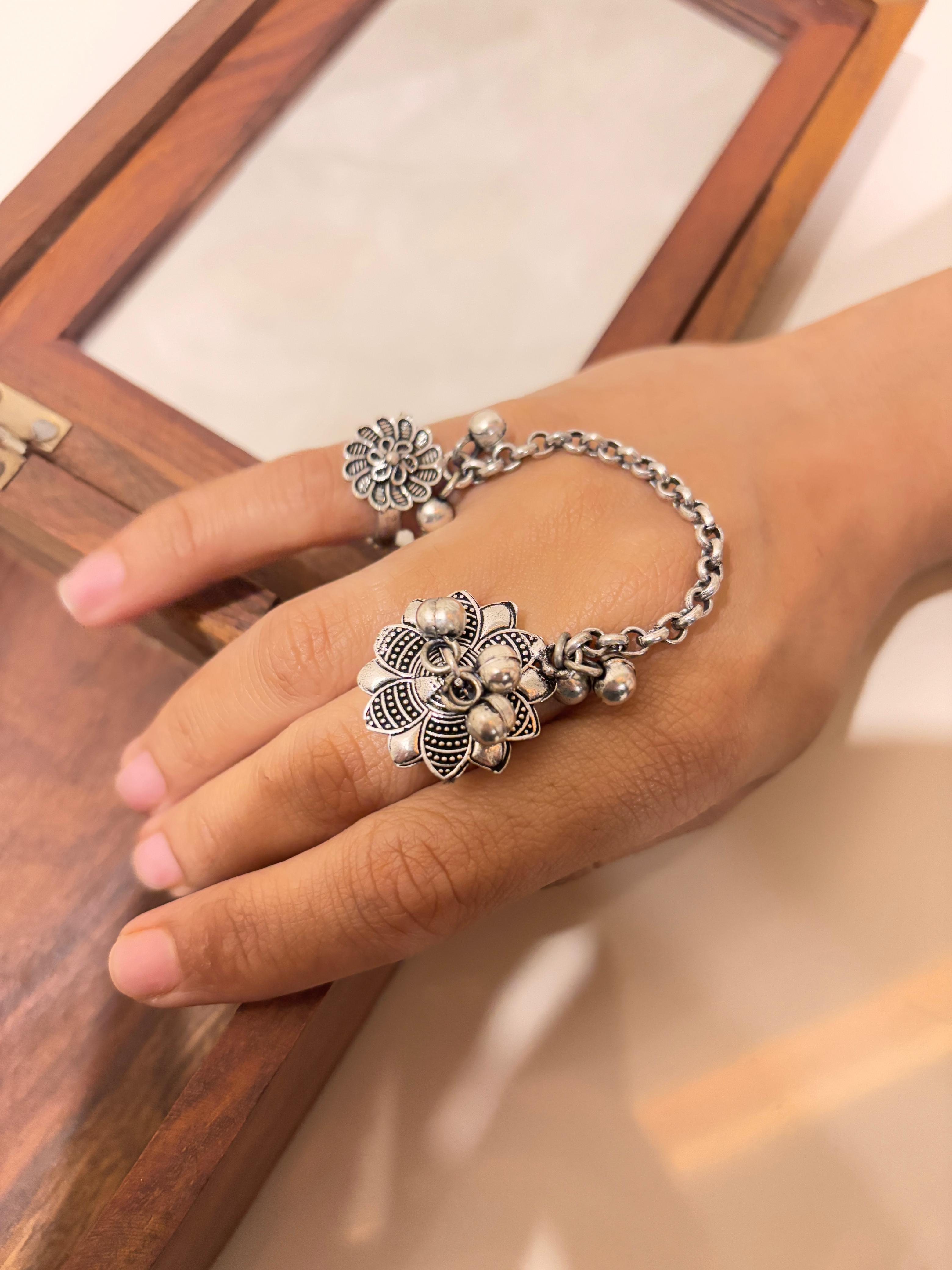 Oxidised German Silver Plated Floral Ethnic Boho Adjustable Dual Finger Ring for Women and Girls