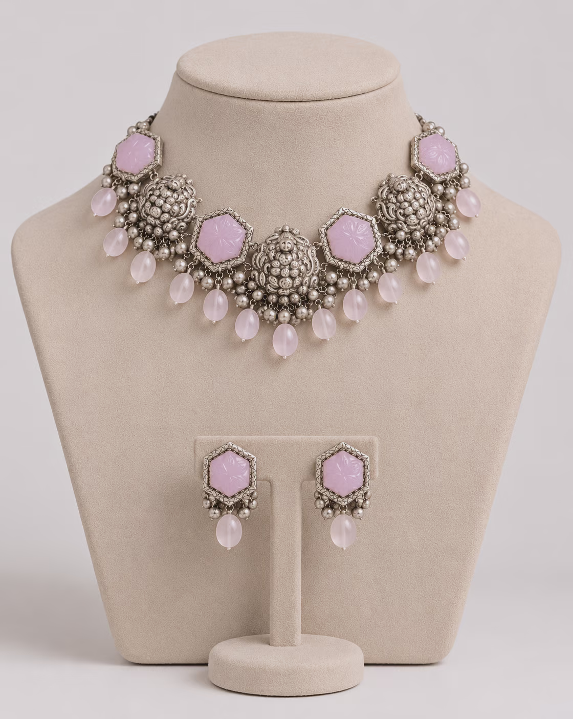 Silver Necklace and Earrings Set with Pink Stone Detail