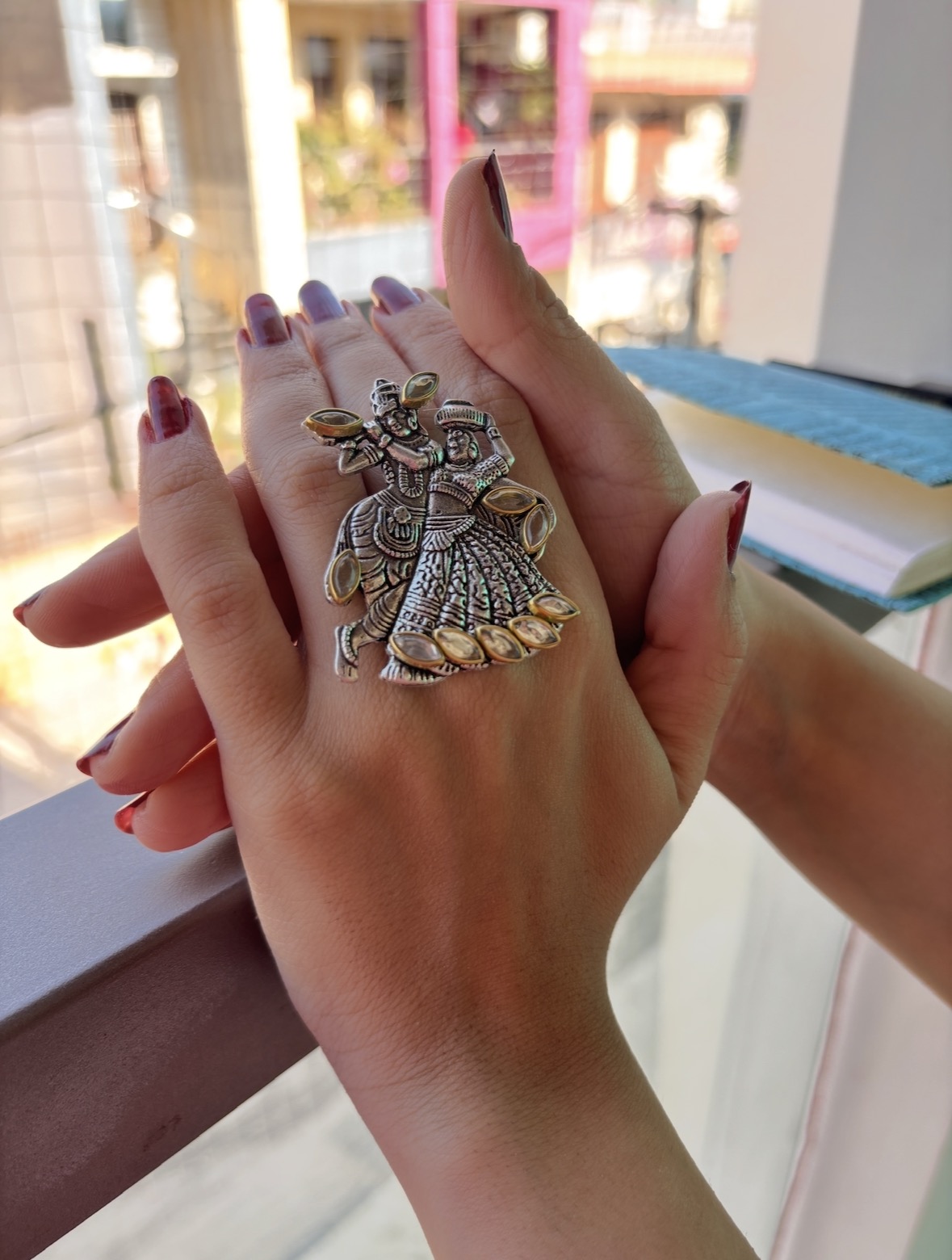 Handcrafted Oxidized Silver Radha Krishna Statement Ring with Kundan Stones – Adjustable Traditional Indian Jewelry