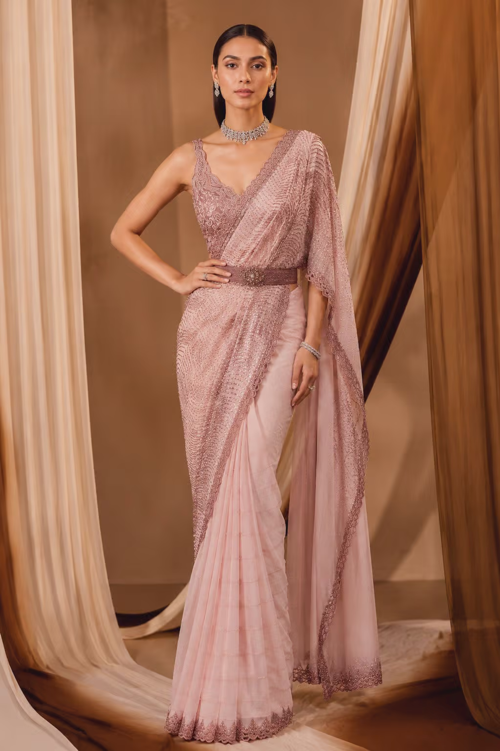 Embroidered Blush Pink Net Saree