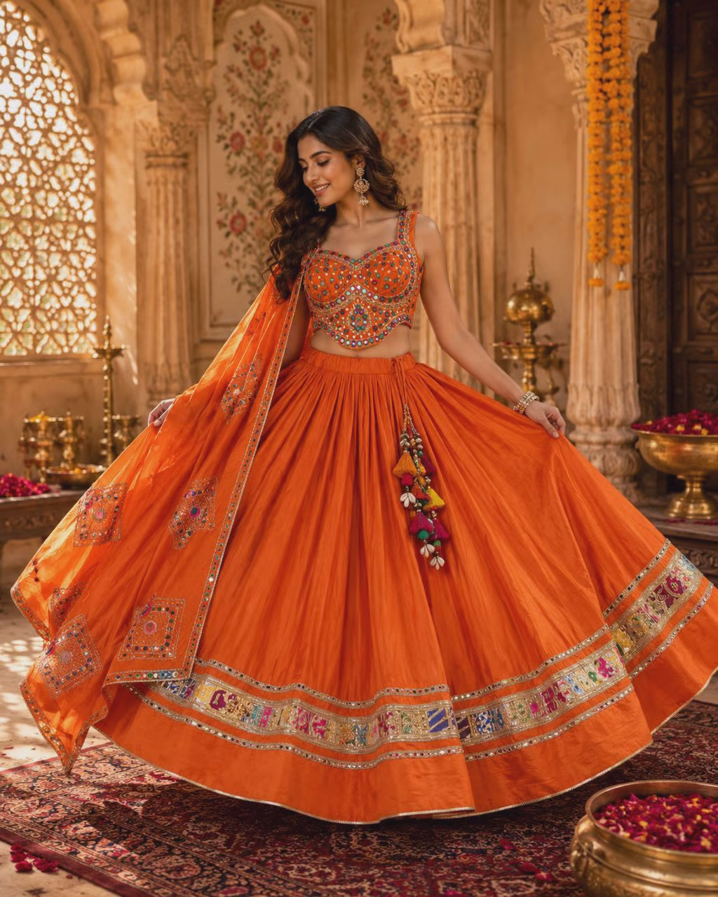 Orange Silk Blend Lehenga Choli with Mirror and Thread Embroidery