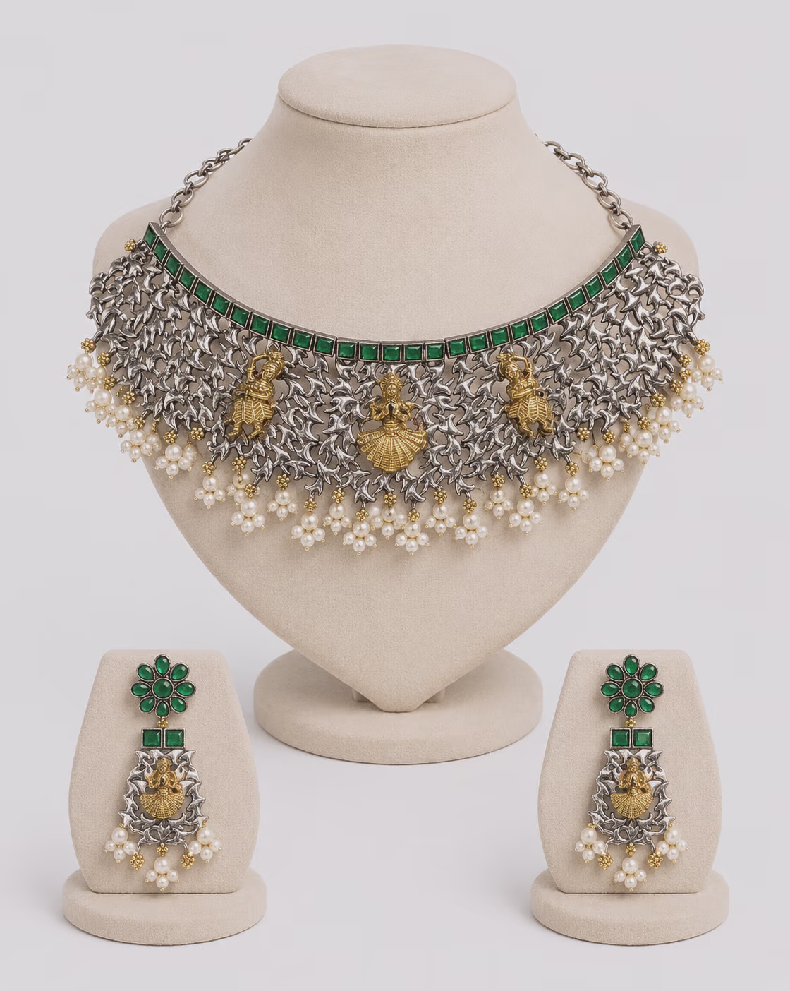 Silver Temple Jewellery Set with Green Stones and Pearl Detailing