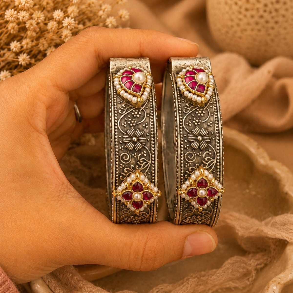 Oxidised Silver Bangles with Pink Stone and Pearl Detailing