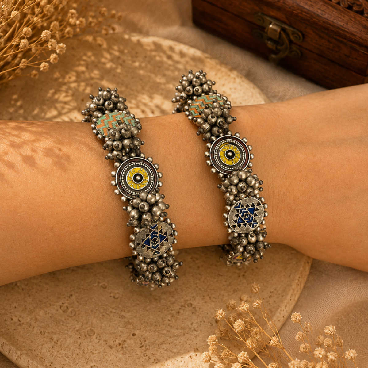 Oxidised Silver Tribal Motif Bangles