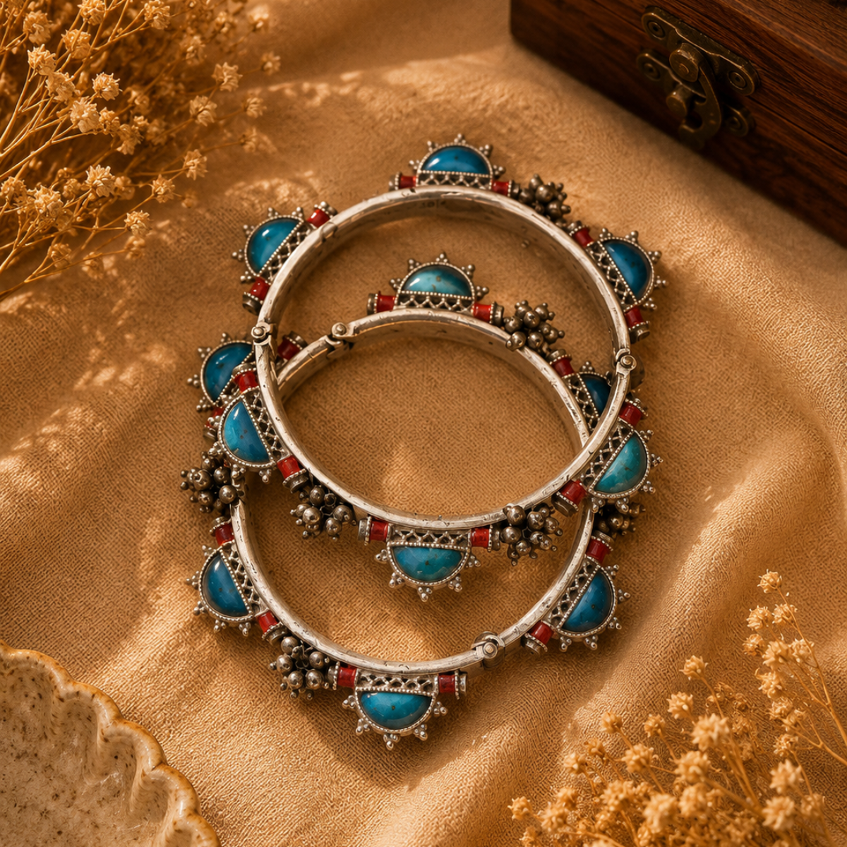 Oxidised Silver Bangles with Blue Stone and Red Enamel Detailing