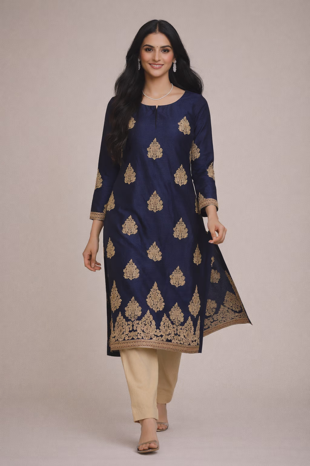 Navy Blue Silk Blend Embroidered Salwar Kameez Set