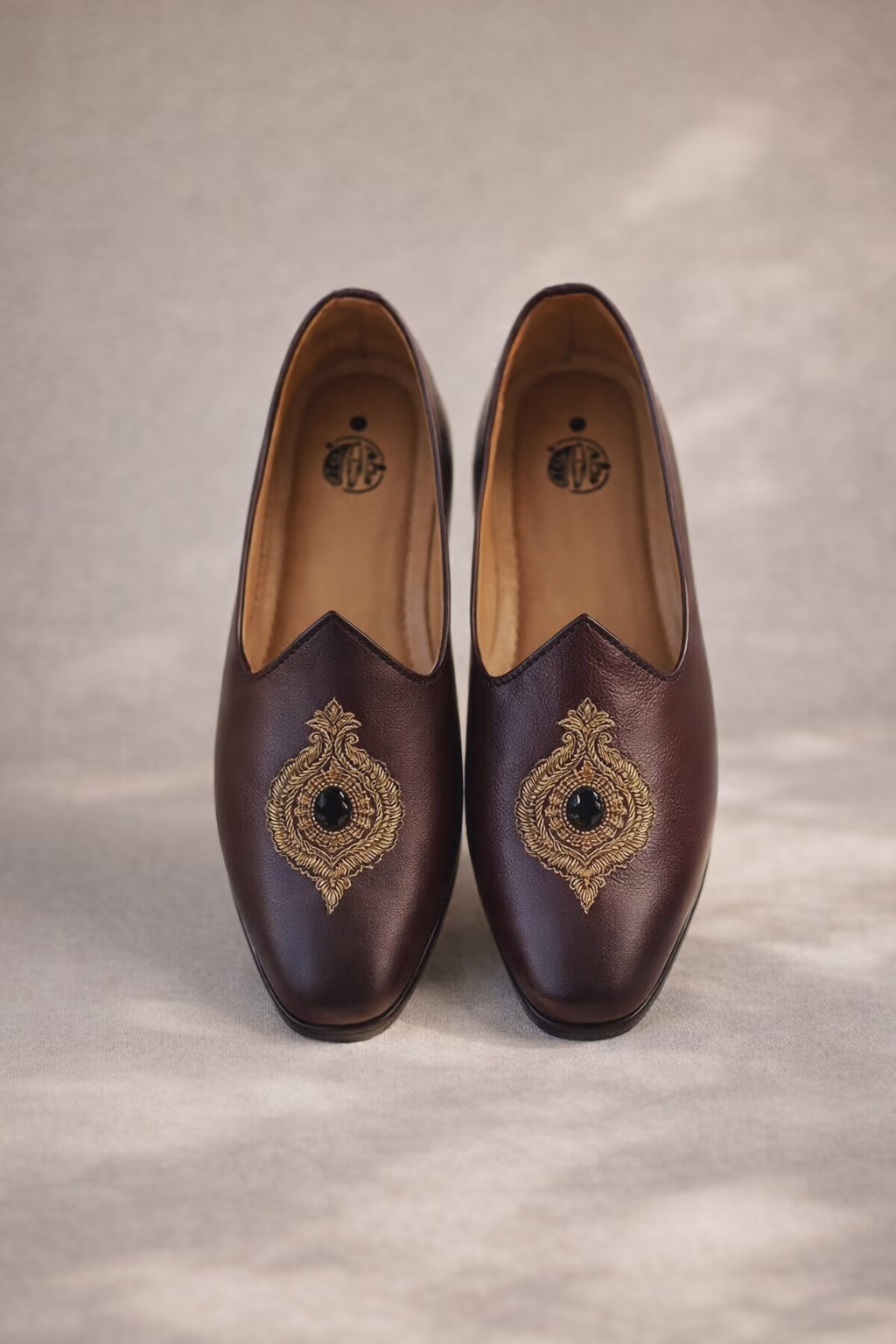 Embroidered Brown Leather Loafers
