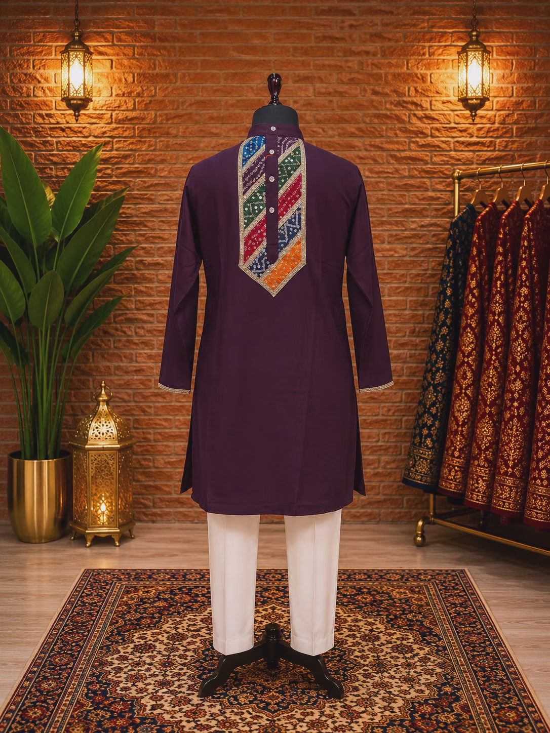 Purple Cotton Kurta with Multicolor Embroidered Placket
