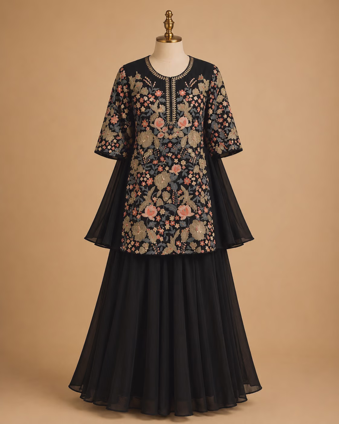 Black Georgette Lehenga Set with Multicolour Floral Embroidery