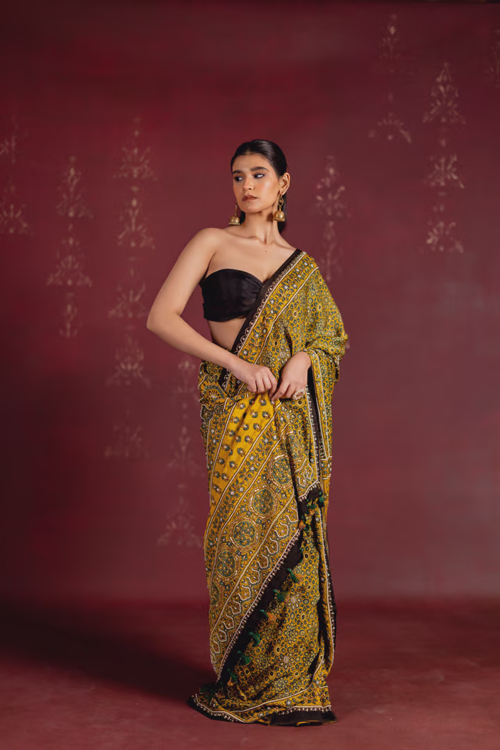 Mustard Yellow Printed Silk Saree with Black Border