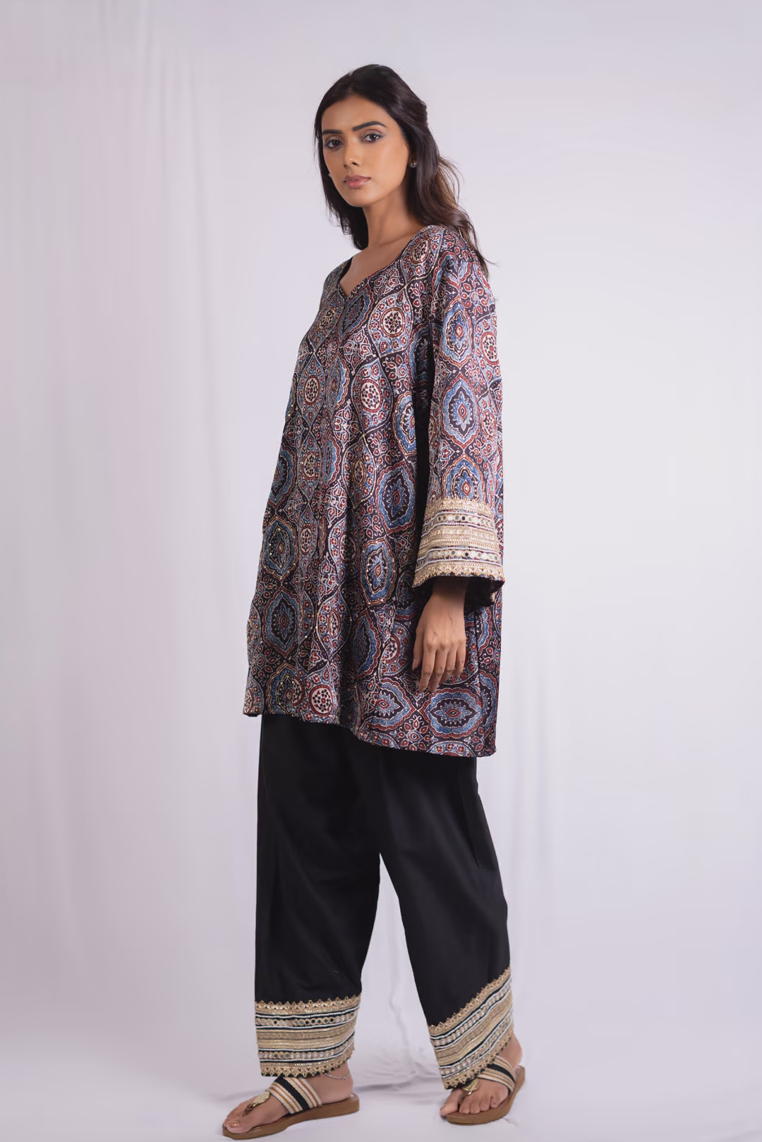 Printed Kurta with Black Palazzo and Embellished Border