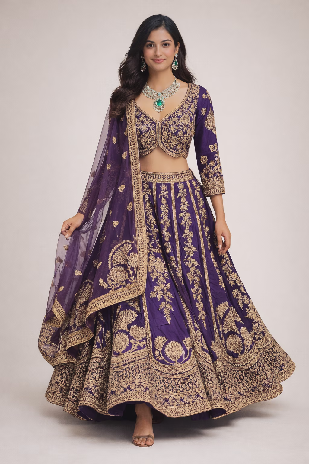 Regal Purple Silk Blend Lehenga Choli with Heavy Gold Embroidery