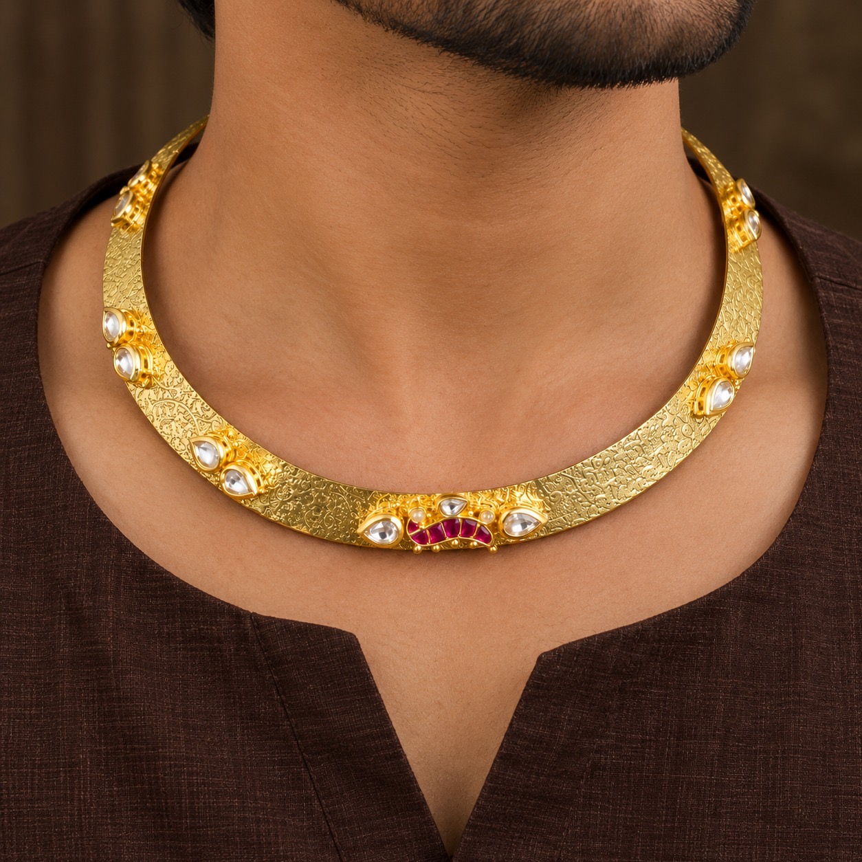 Men's Gold-Tone Kundan Hasli Neckring | Traditional Statement Collar Necklace | Ethnic Neck Jewelry