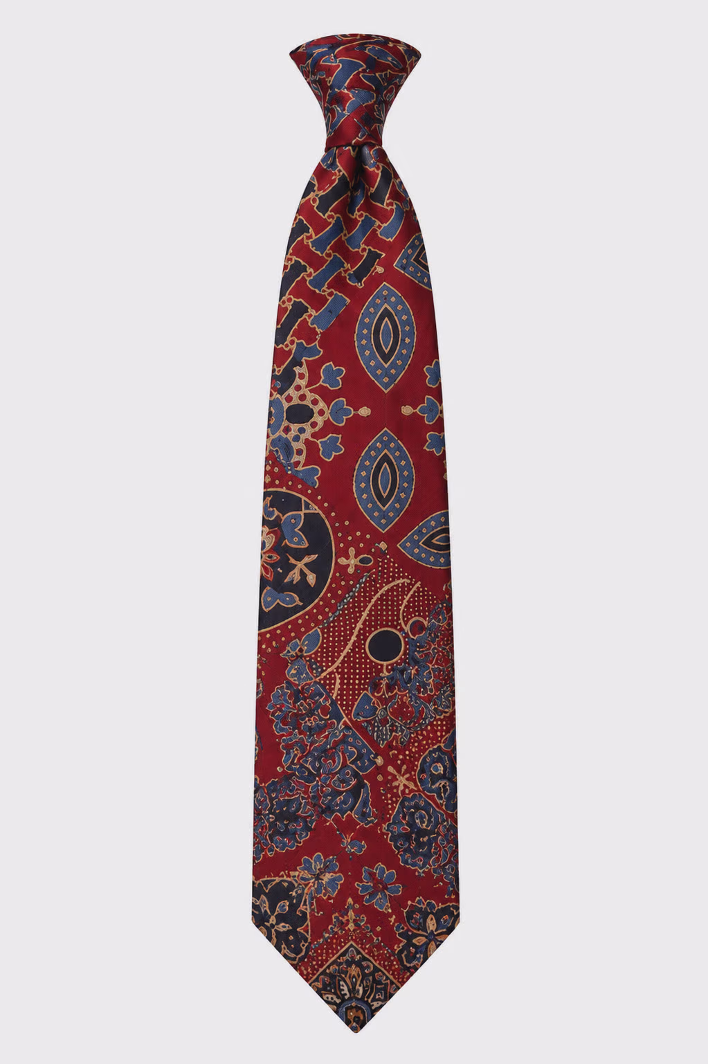 Red Silk Tie with Blue and Gold Paisley Motif