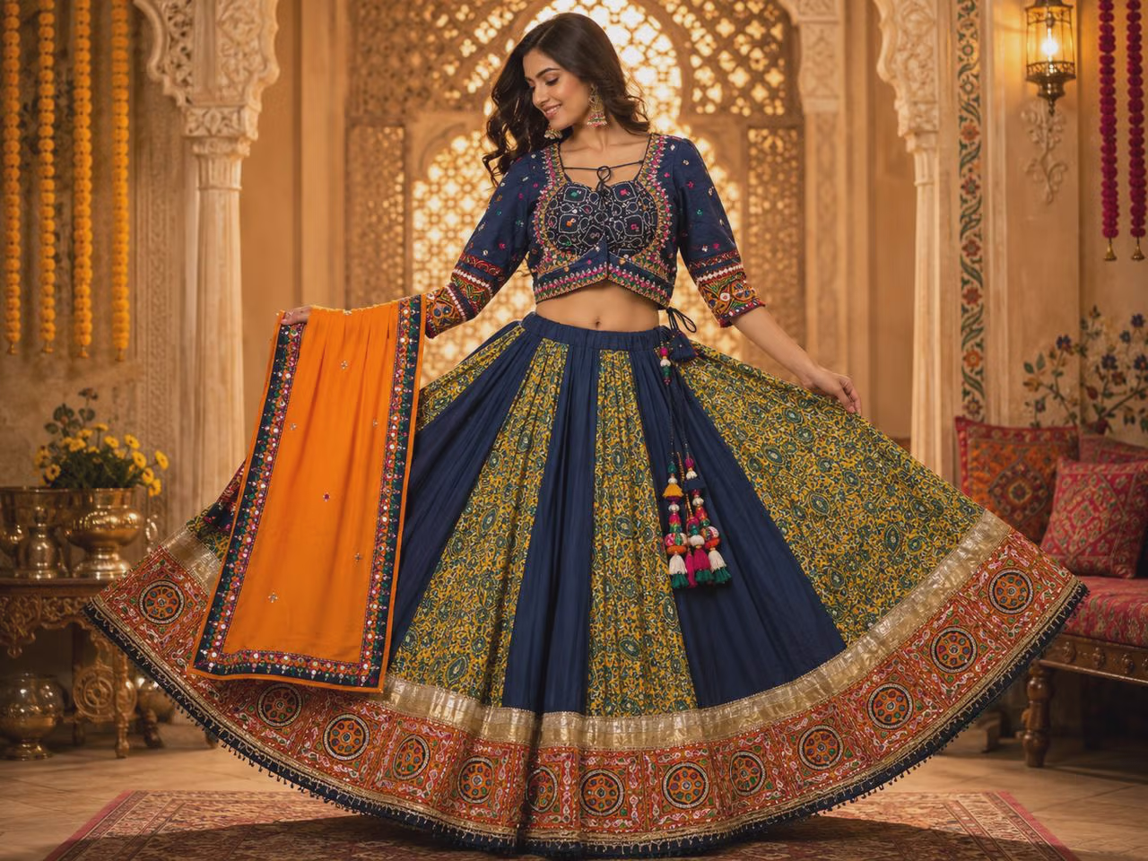 Navy Blue and Mustard Cotton Blend Lehenga Choli with Embroidered Border