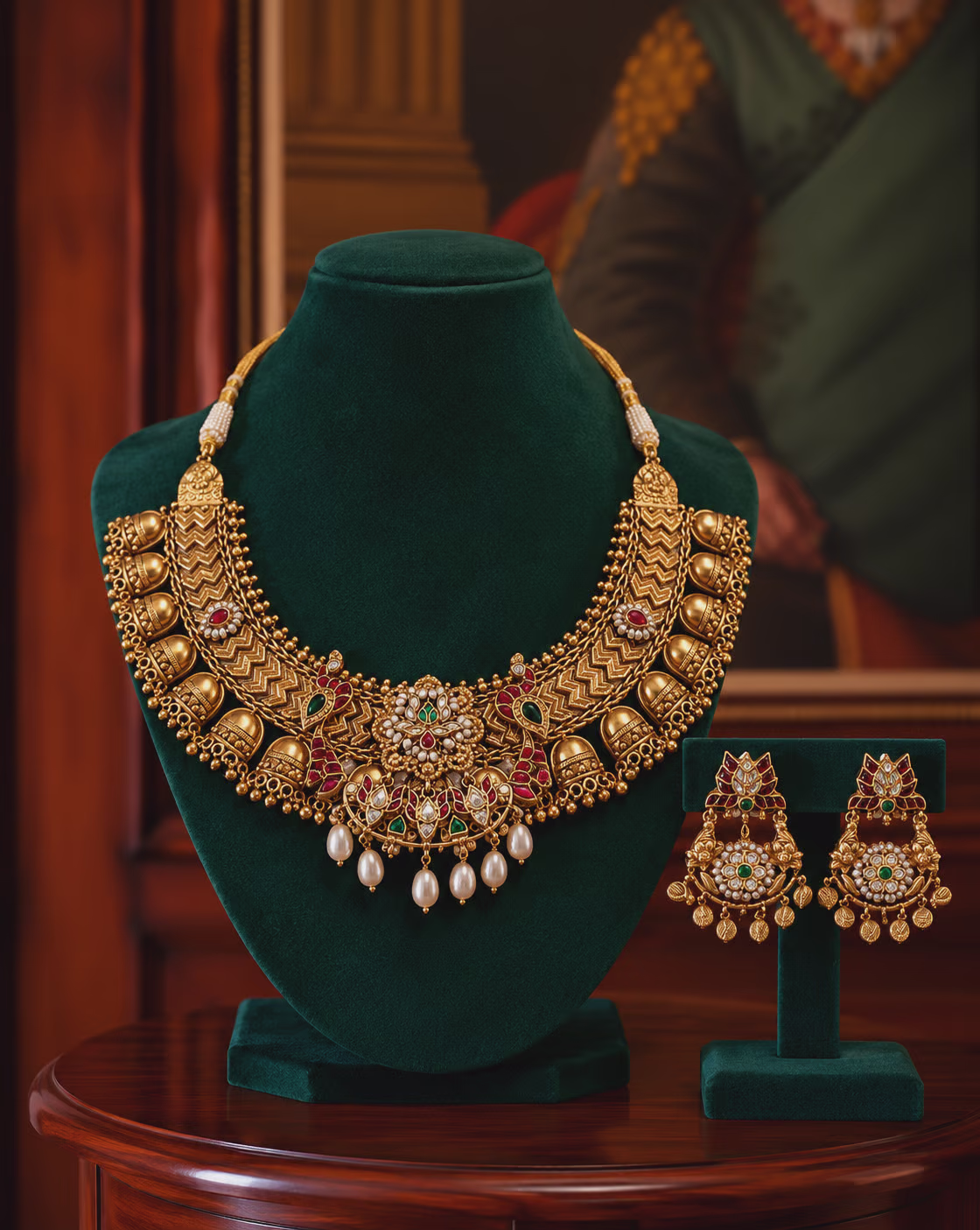 Gold Temple Jewellery Set with Pearls and Gemstones