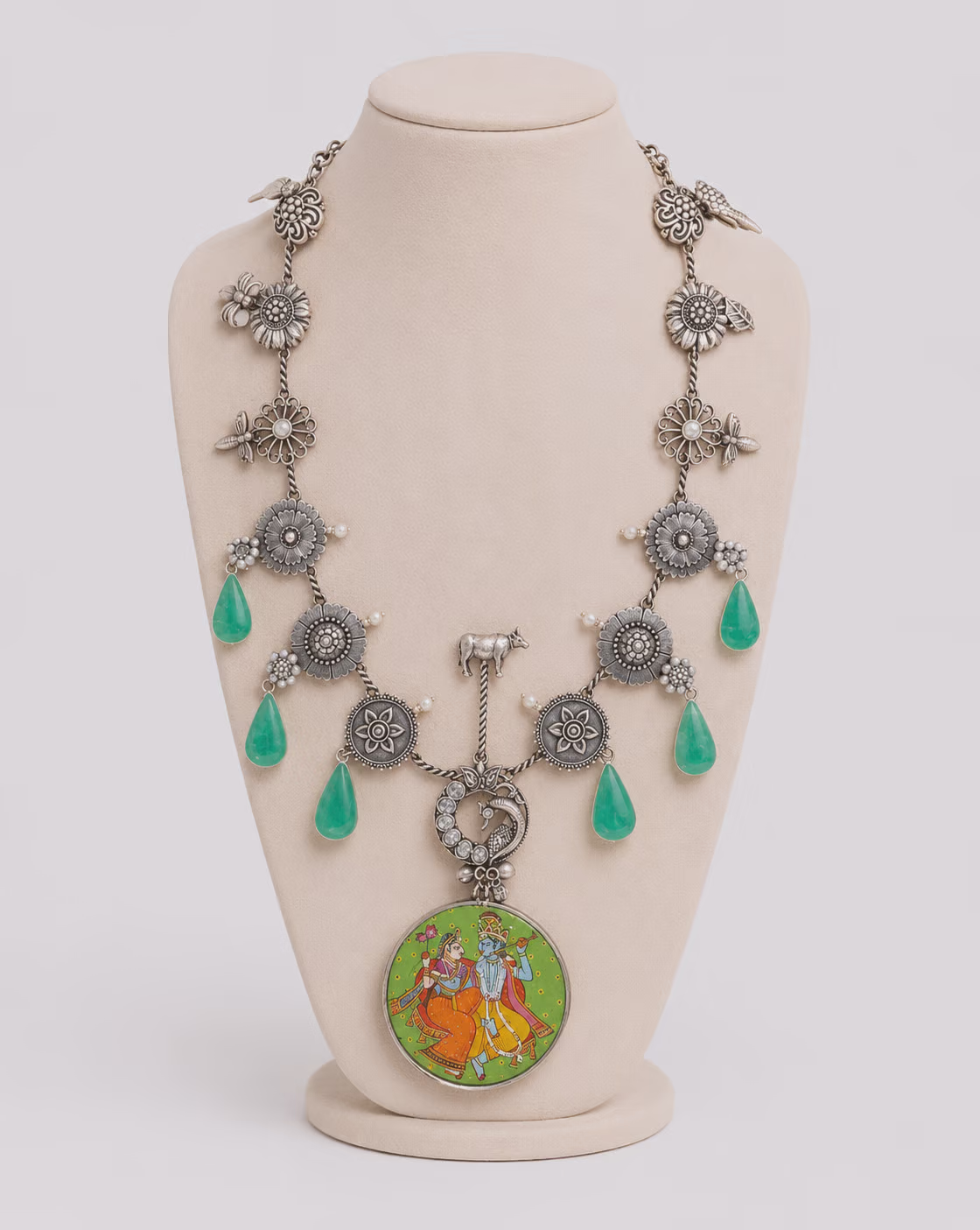Silver Oxidized Necklace with Radha Krishna Pendant