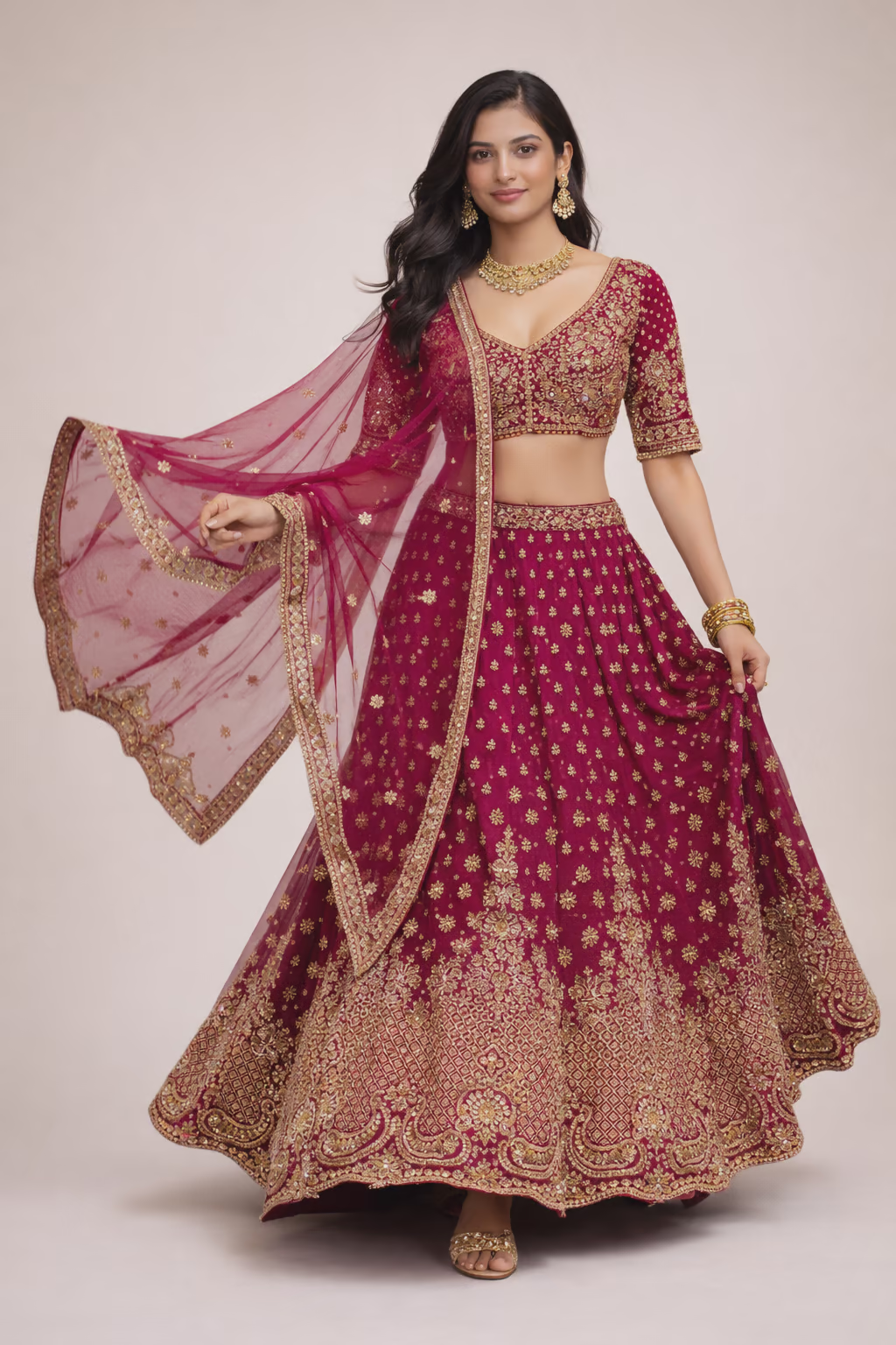 Heavily Embroidered Magenta Net Silk Lehenga Choli