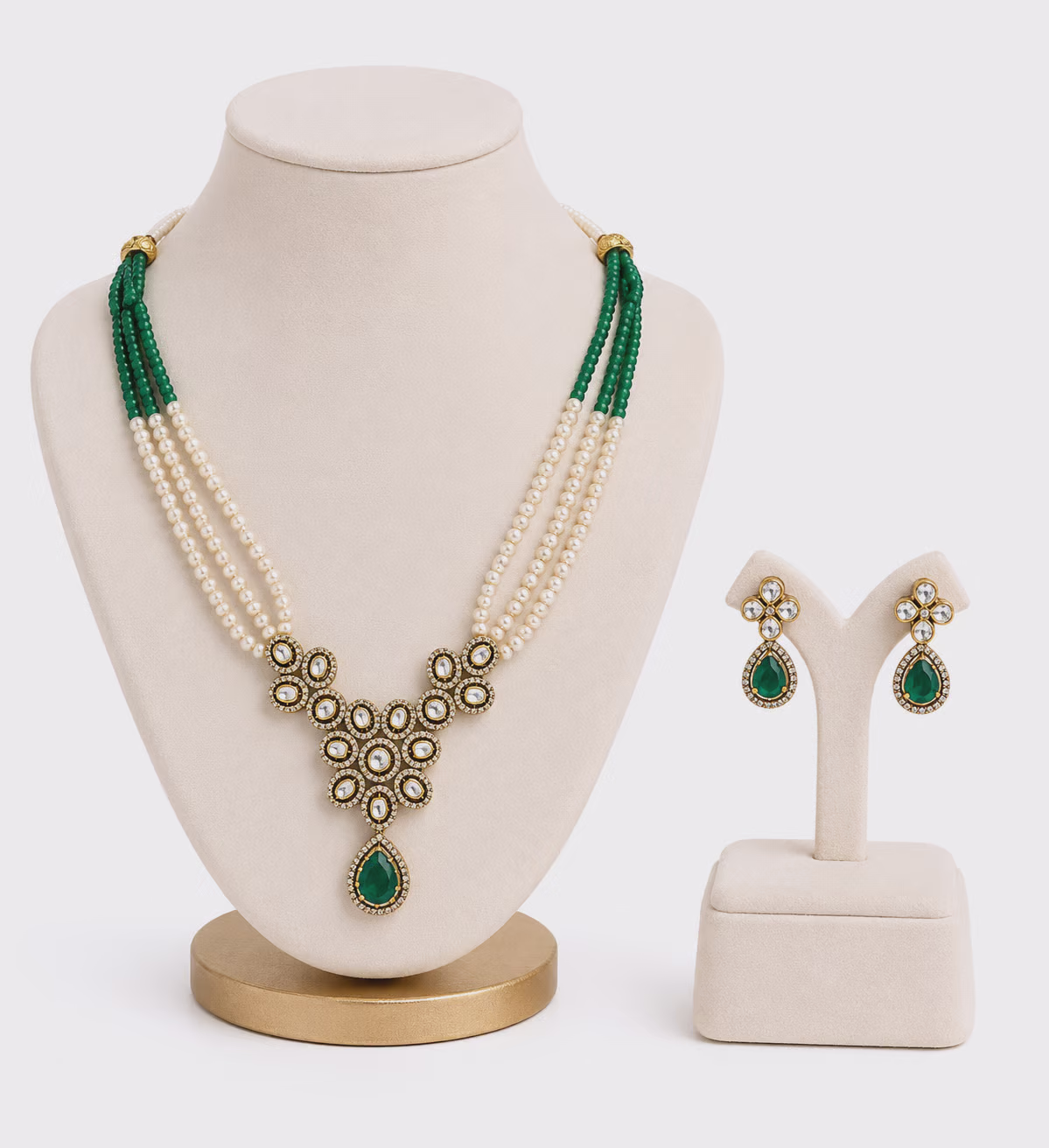 Green and Pearl Beaded Necklace Set with Earrings