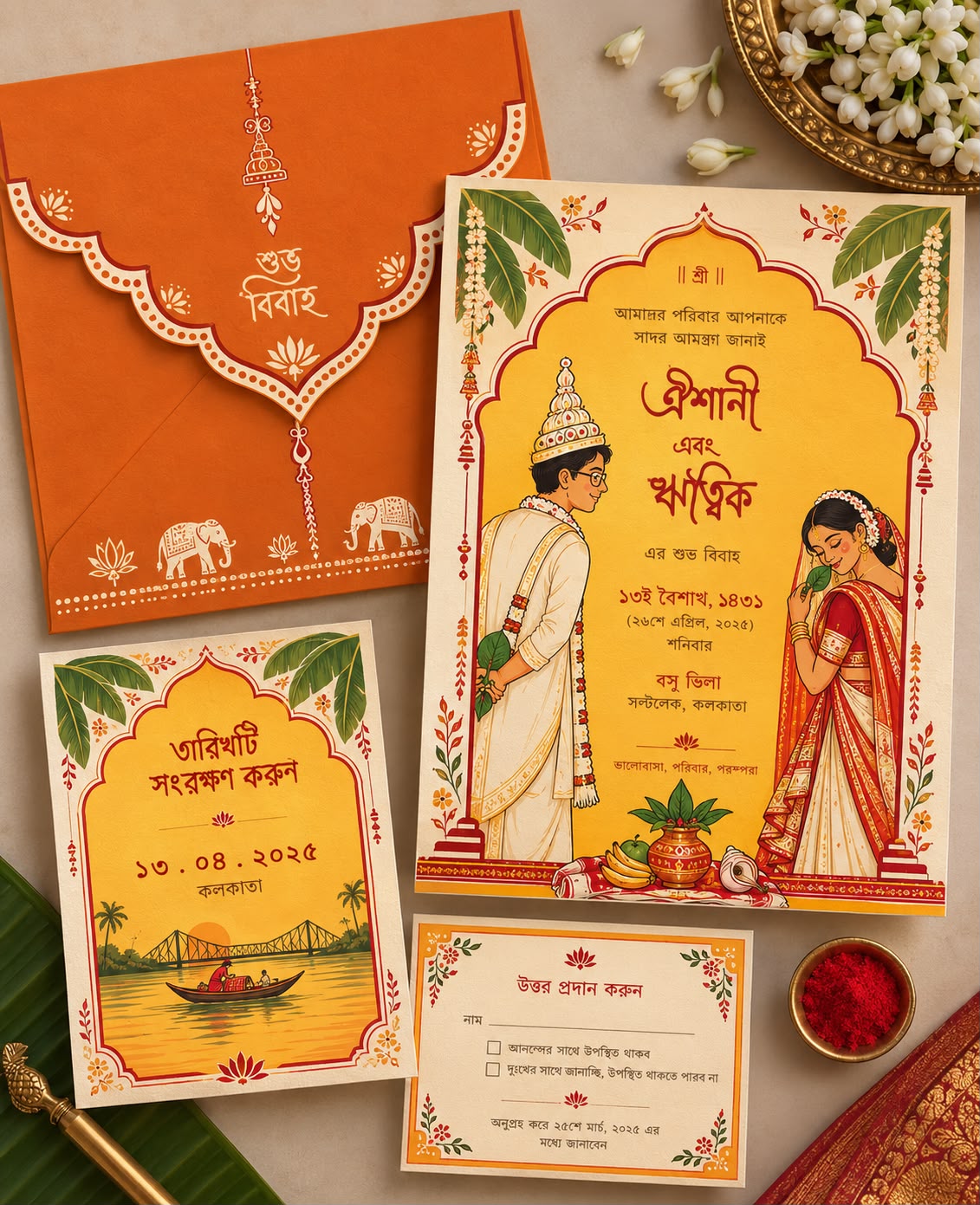 Traditional Bengali Wedding Invitation Card Set