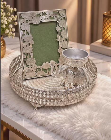 Silver Decorative Set with Tray, Elephant Candle Holder, and Photo Frame