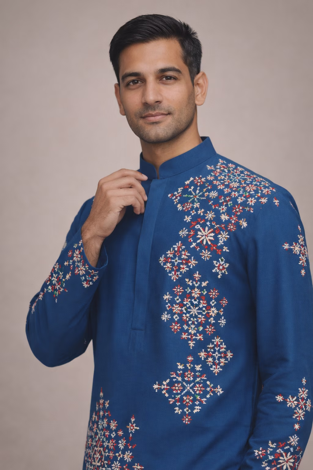 Embroidered Blue Cotton Kurta Pajama Set