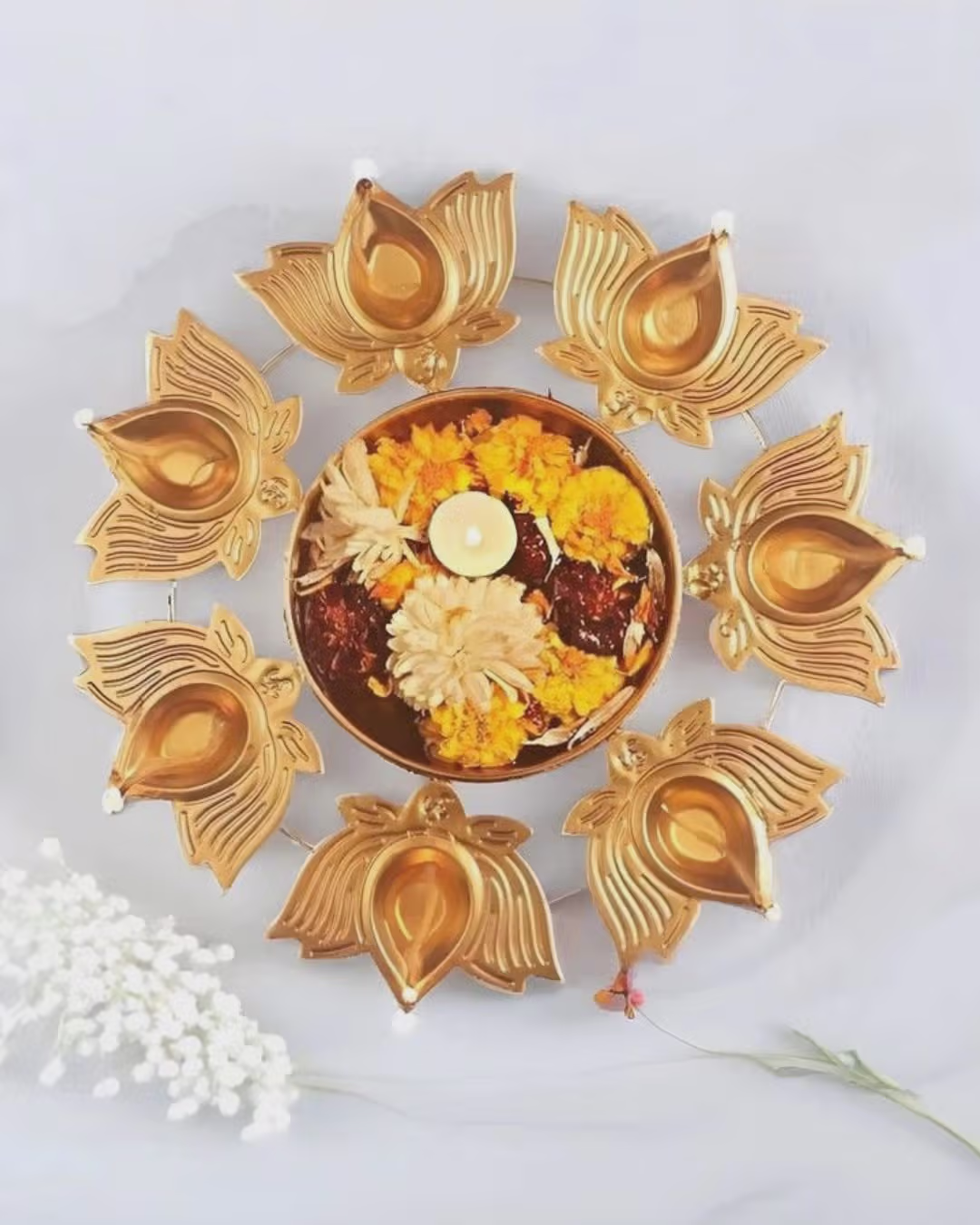 Lotus Motif Metal Diya Set