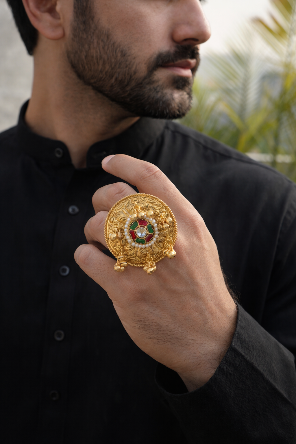 Oversized Gold Kundan Pearl Statement Ring | Handcrafted Men Boho Jewelry