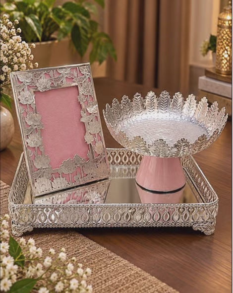 Decorative Metal Tray, Photo Frame, and Bowl Set