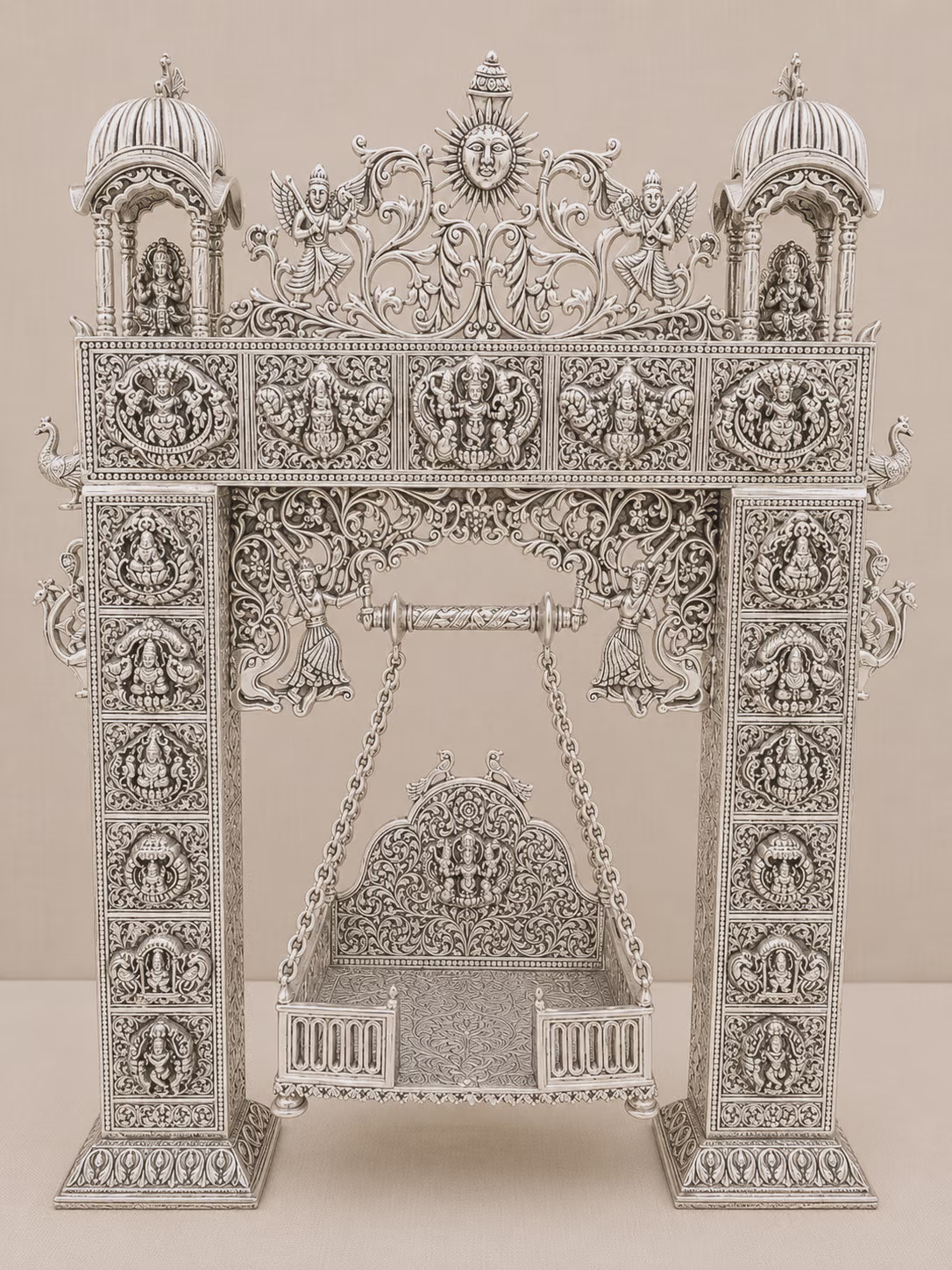Ornate Silver Temple Jhula with Deity Motifs