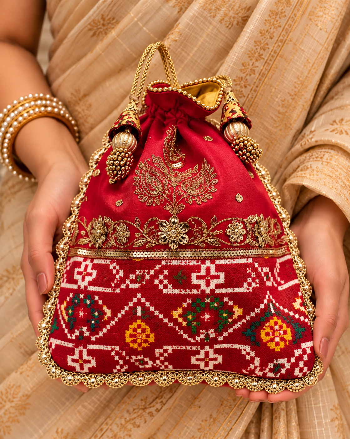 Red Embroidered Real Patola Potli Bag