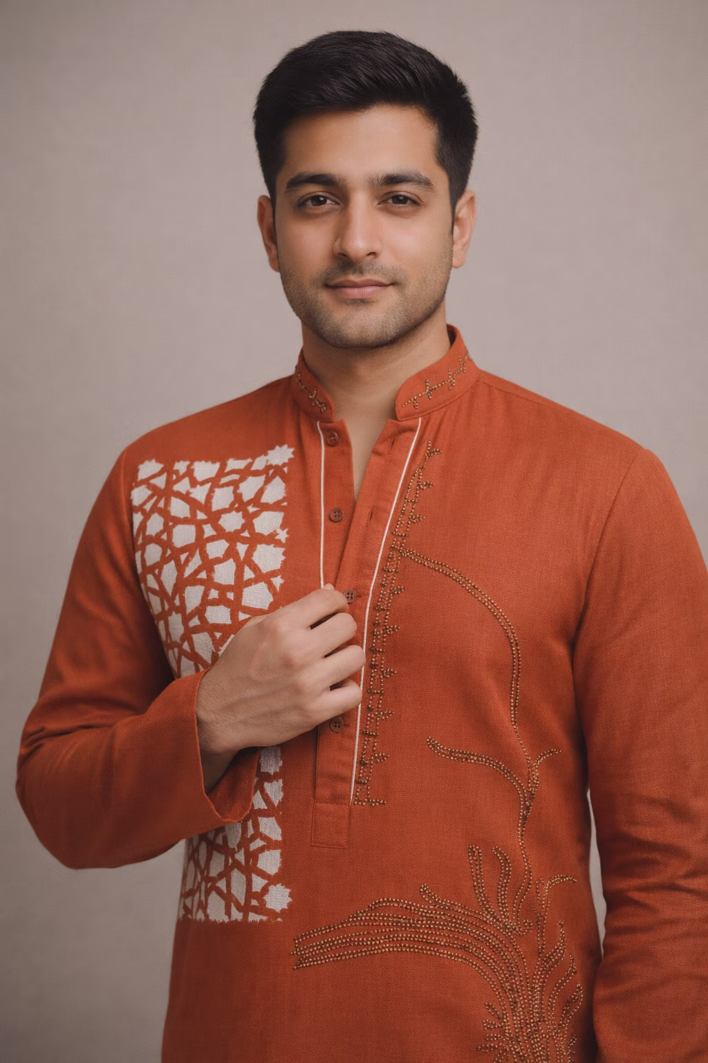 Rust Cotton Blend Kurta with Geometric Embroidery