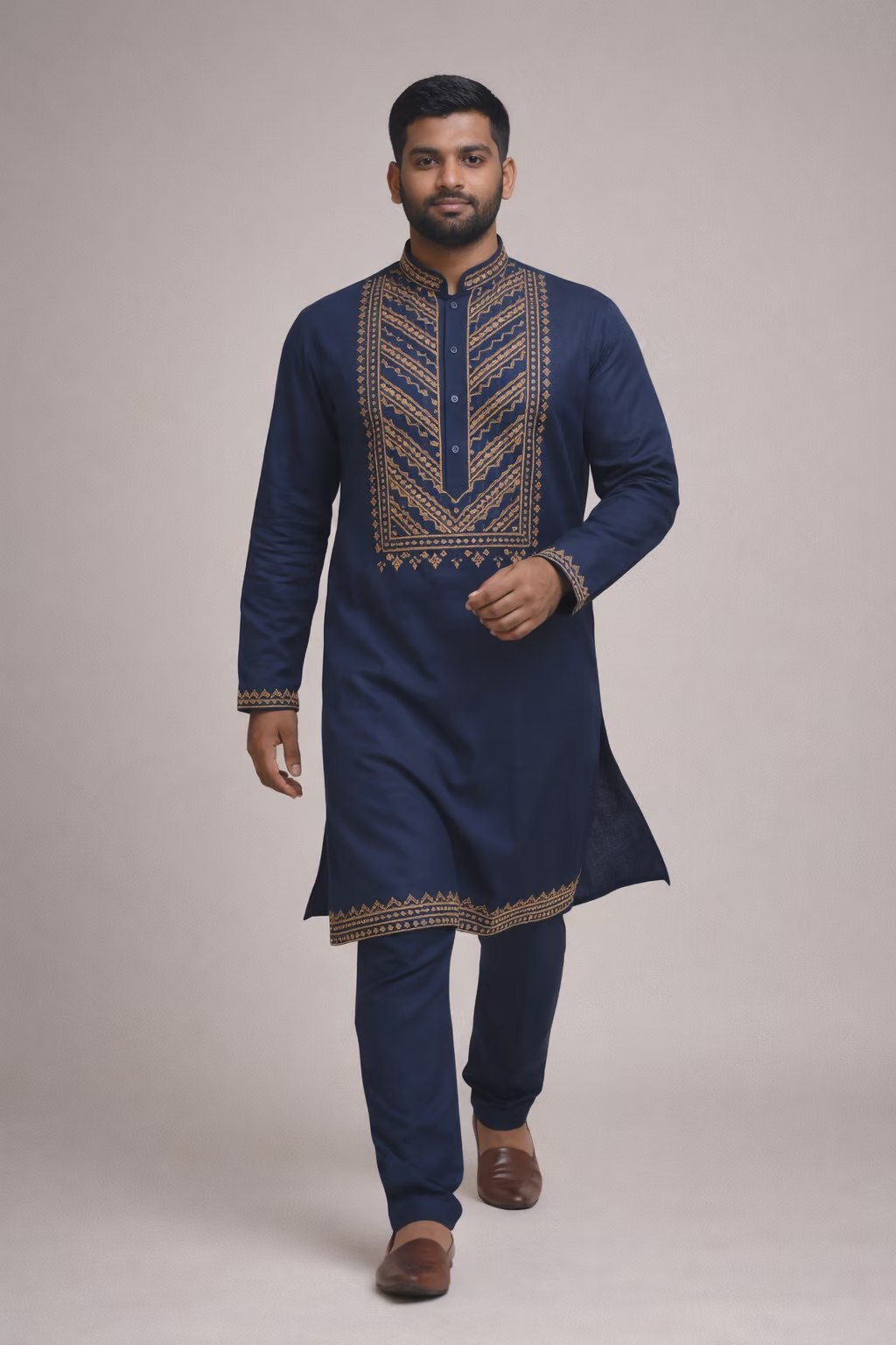 Navy Blue Embroidered Cotton Kurta Pajama Set