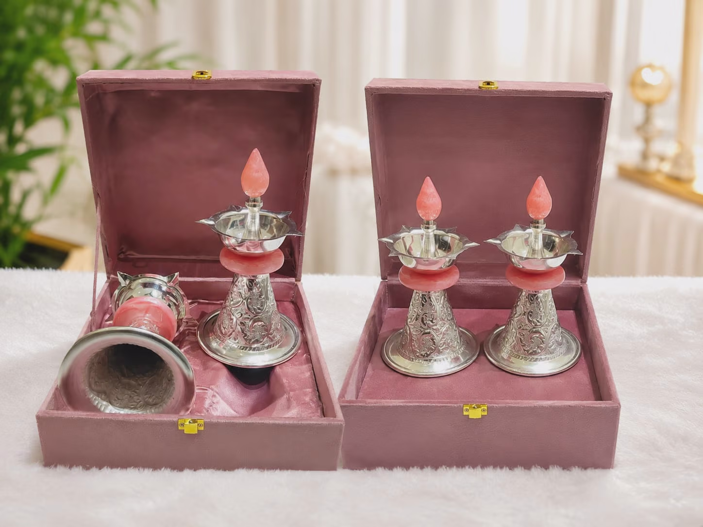 Silver plated Decorative Diya Set with Stone Detail