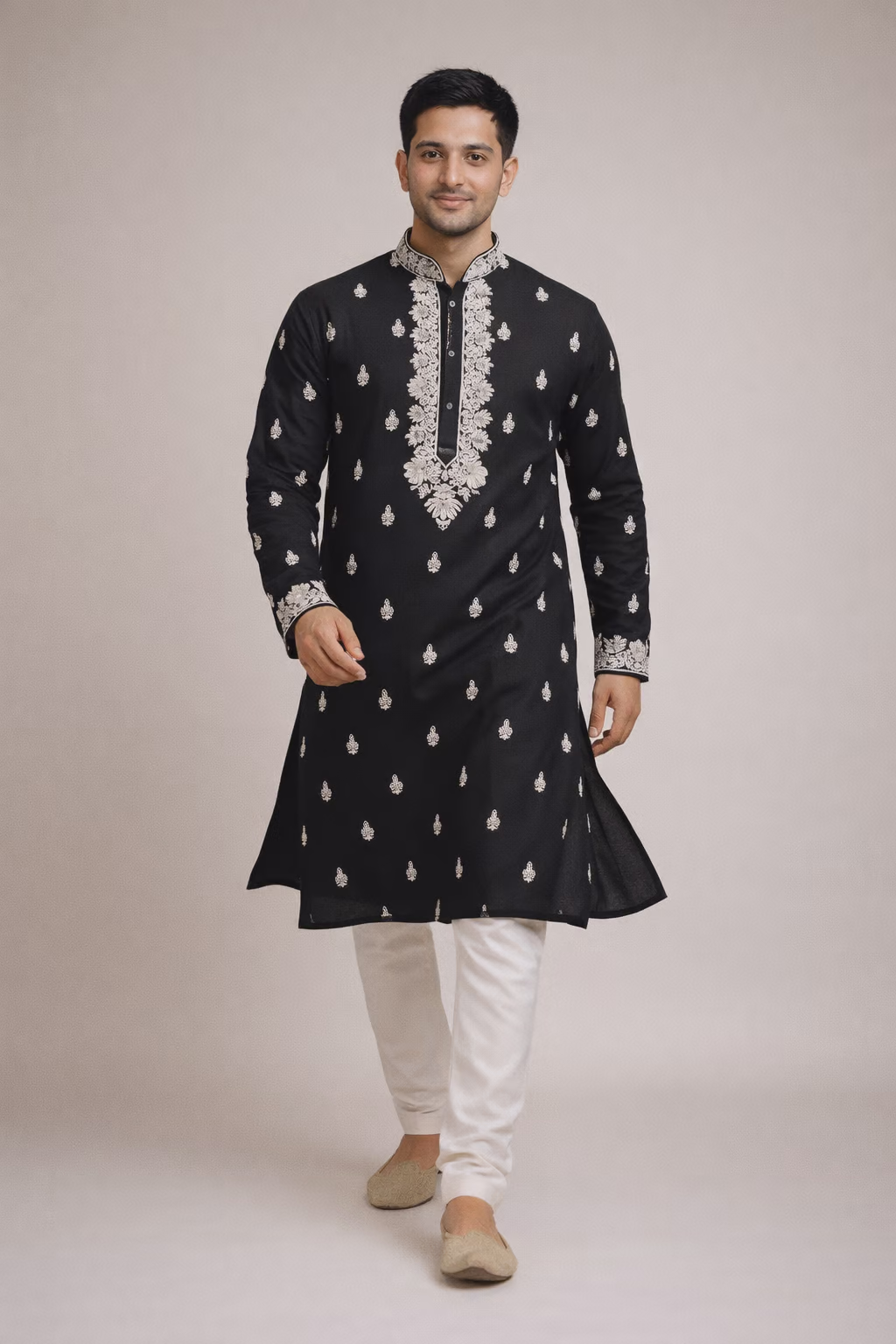 Black Embroidered Cotton Kurta Pajama Set