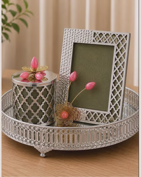 Silver Decorative Tray Set with Moroccan Pattern