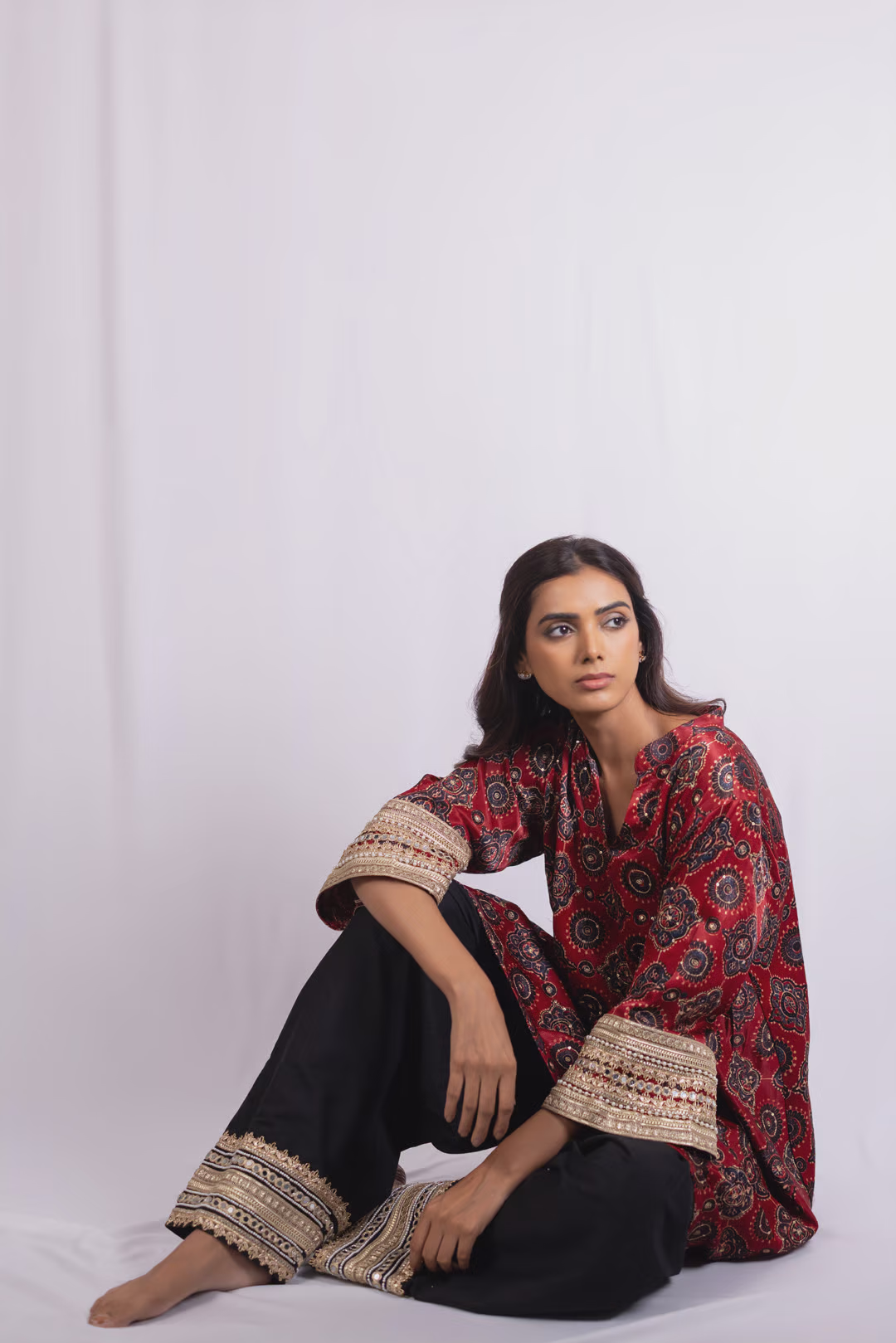 Red Printed Kurta with Embellished Black Palazzo