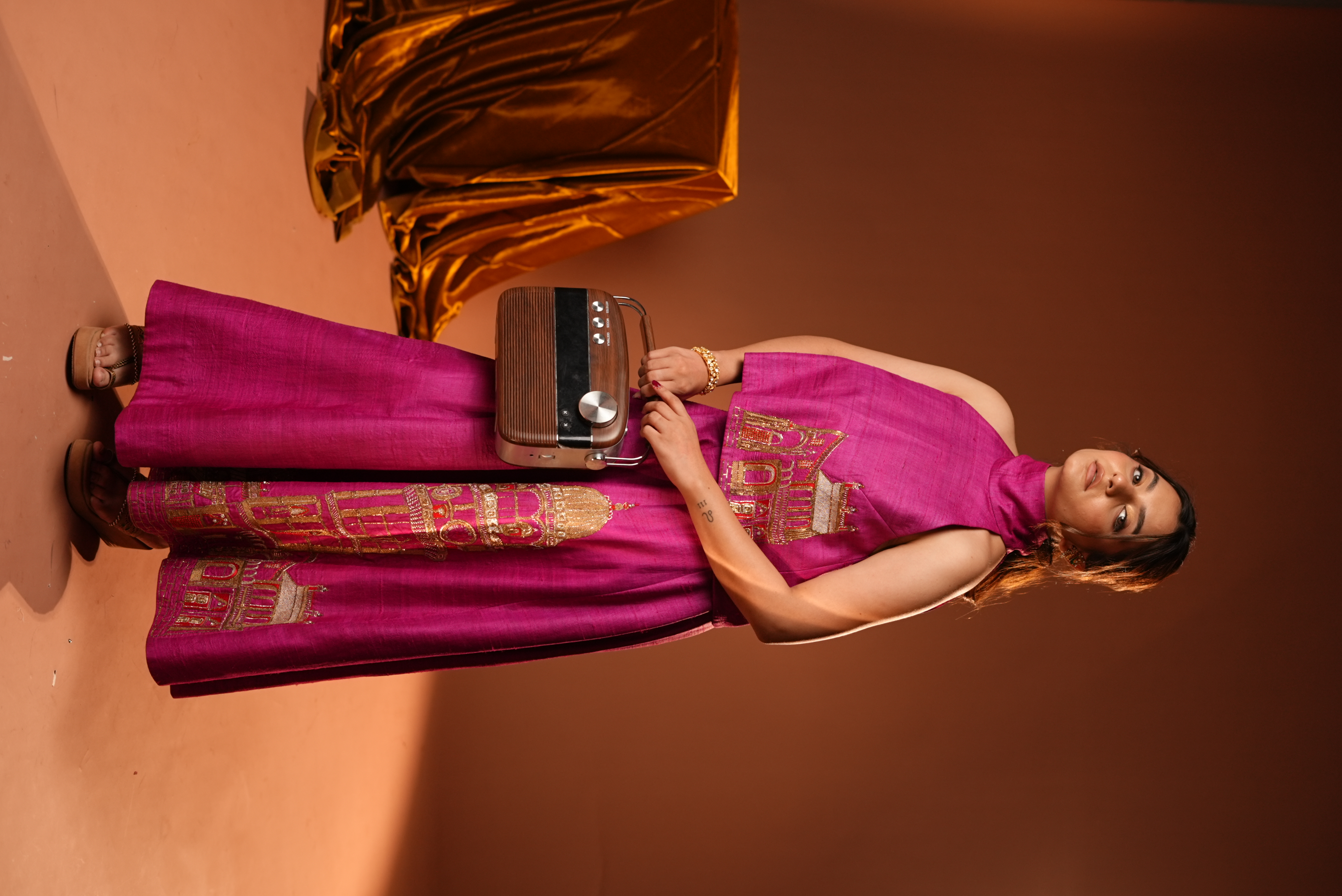 Magenta raw Silk Halter Neck Set with Architectural tower Embroidery