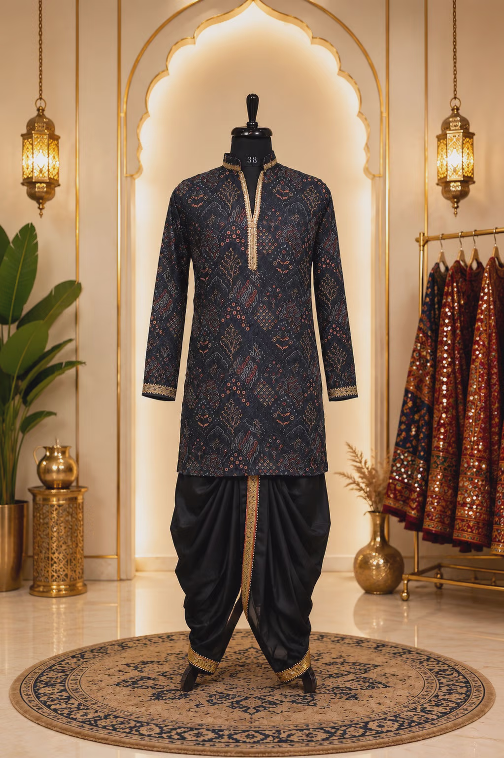 Navy Blue Silk Blend Kurta with Embroidered Dhoti