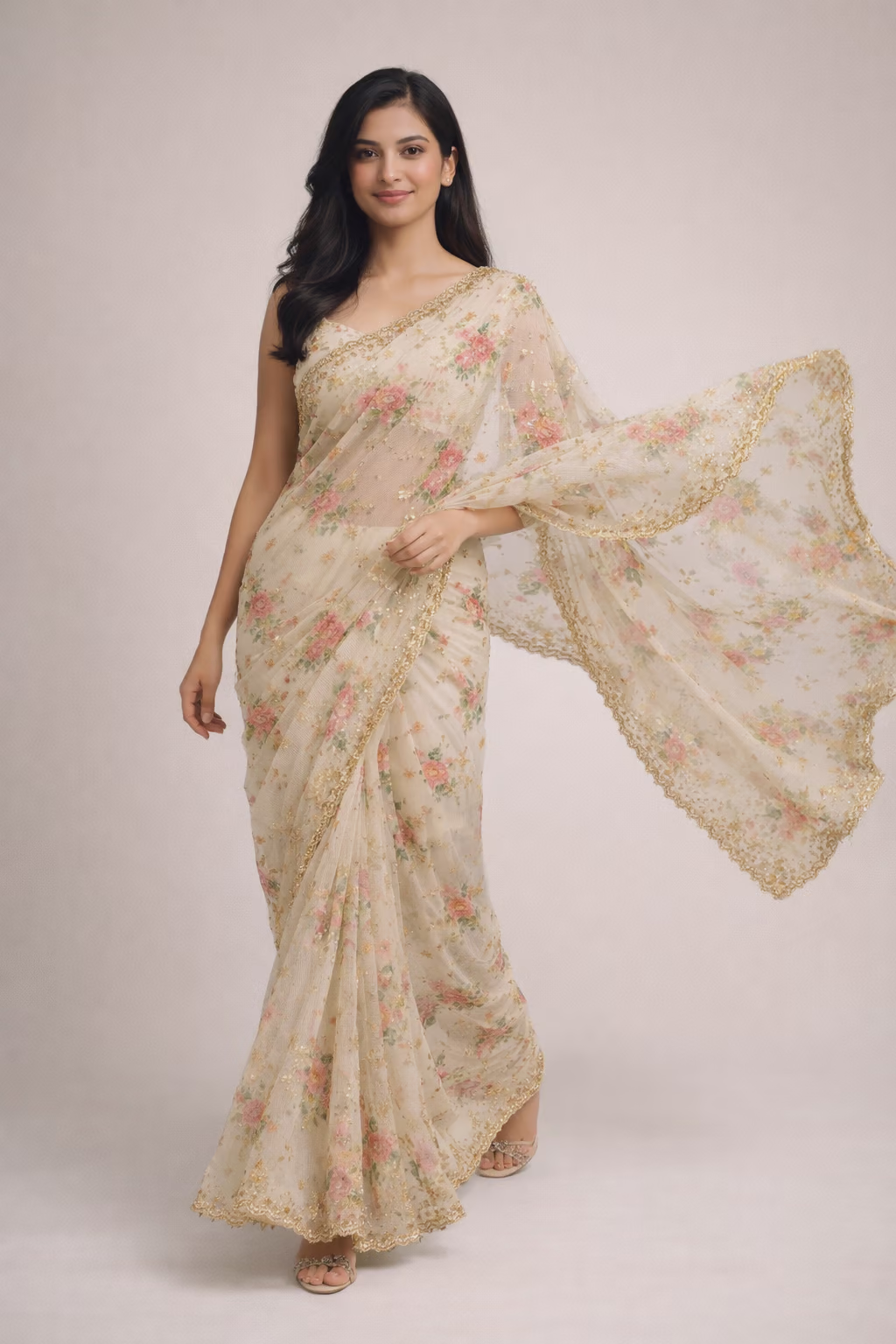 Ivory Net Saree with Floral Embroidery and Sequin Detailing