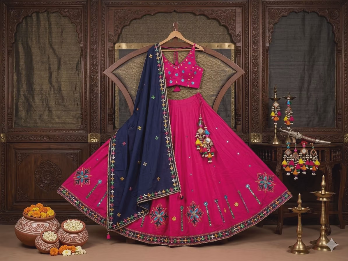 Fuchsia Cotton Lehenga Choli with Embroidered Dupatta