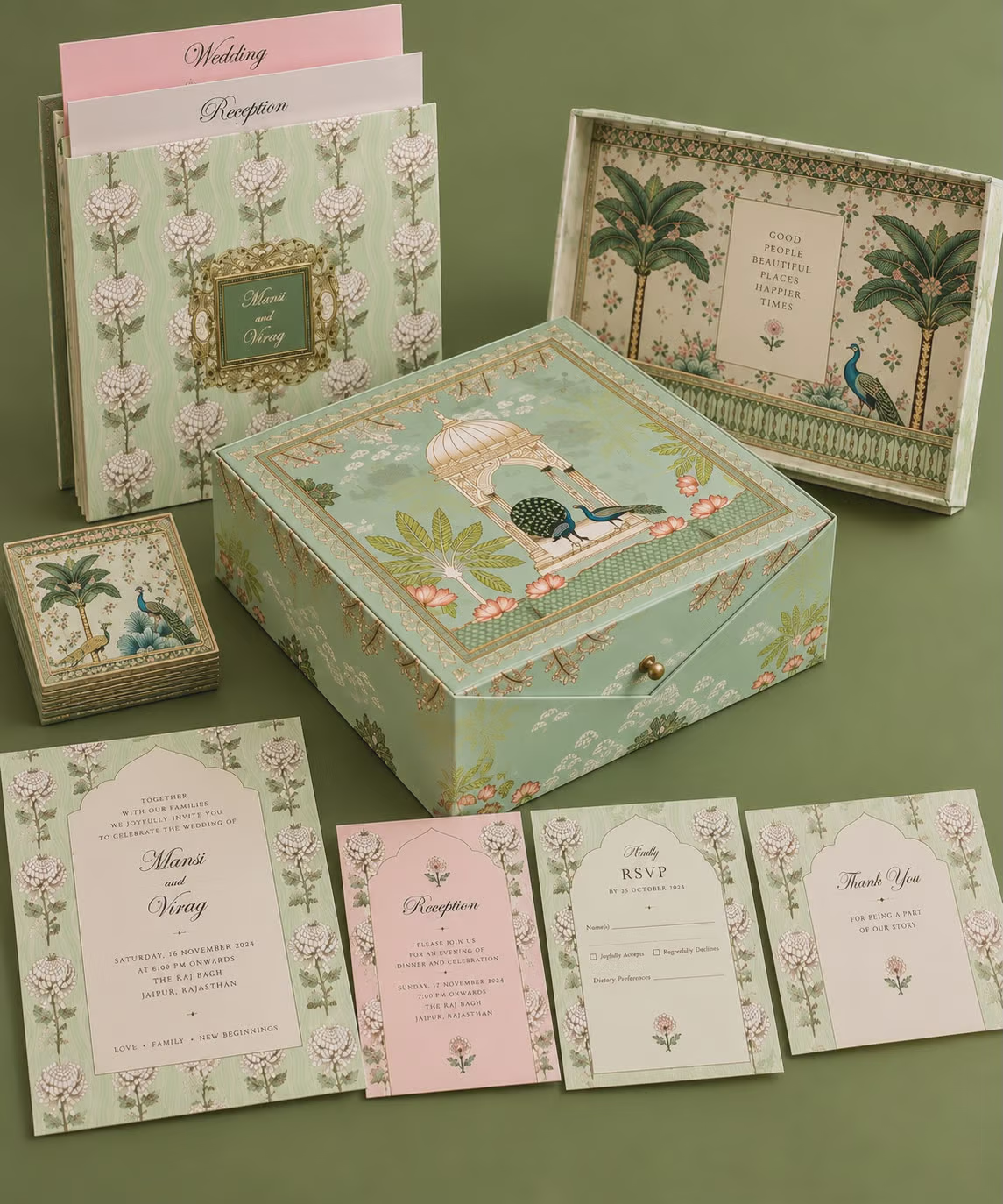 Traditional Peacock-Themed Wedding Invitation Box Set