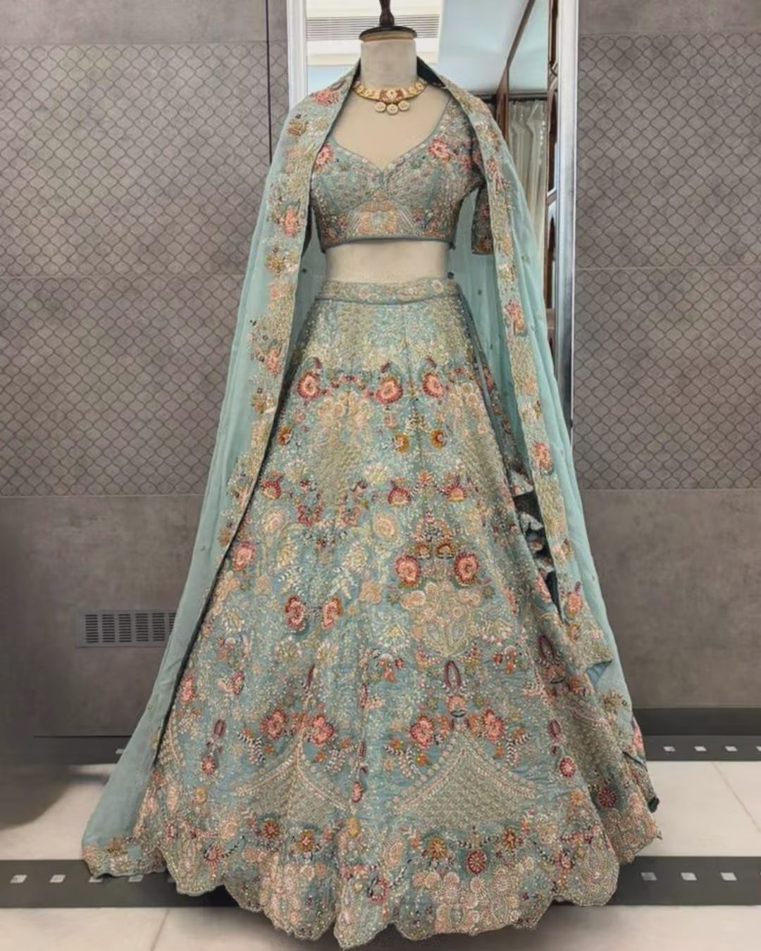 Pastel Blue Embroidered Bridal Lehenga