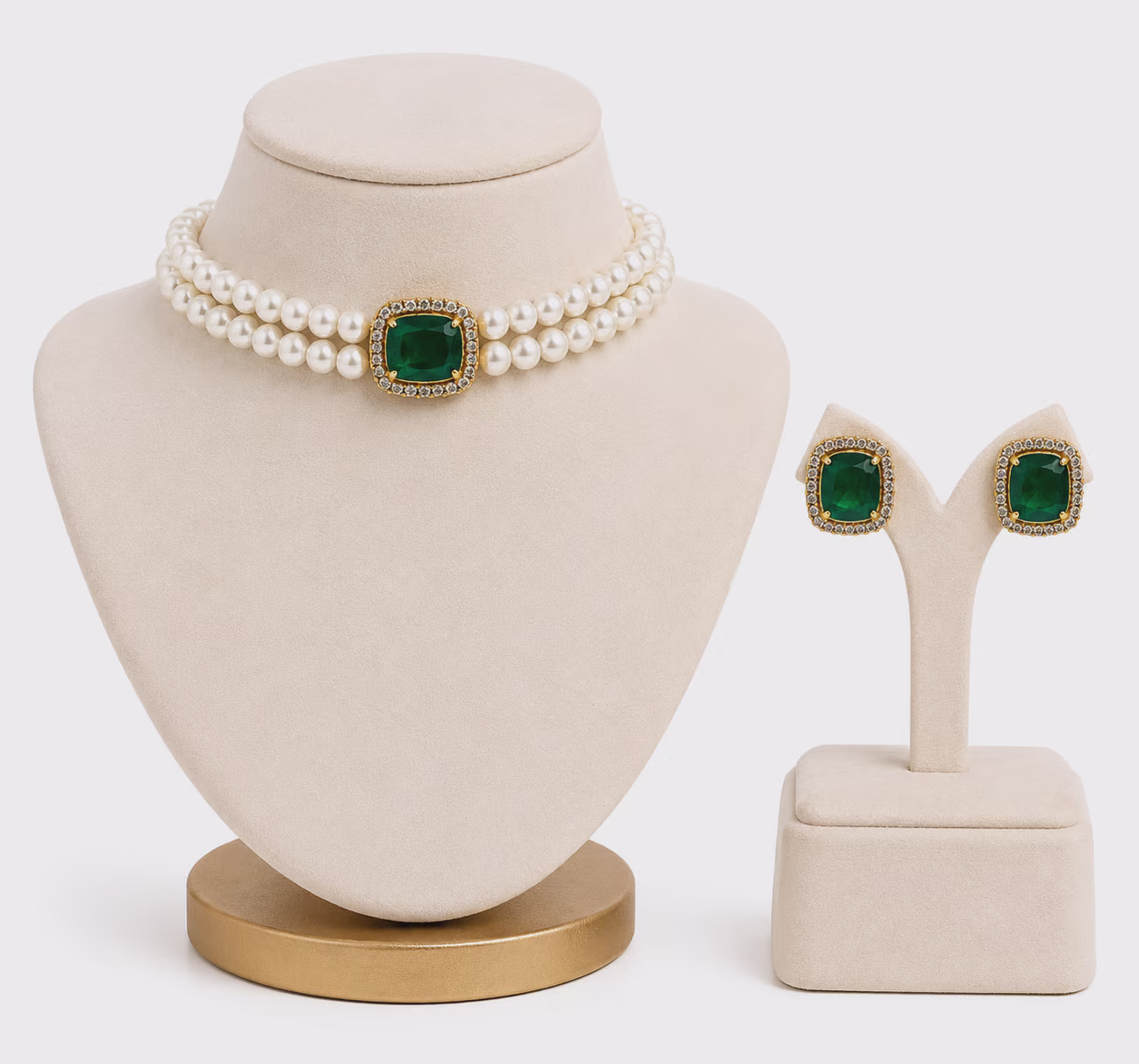 Pearl Choker Necklace Set with Green Stone Pendant